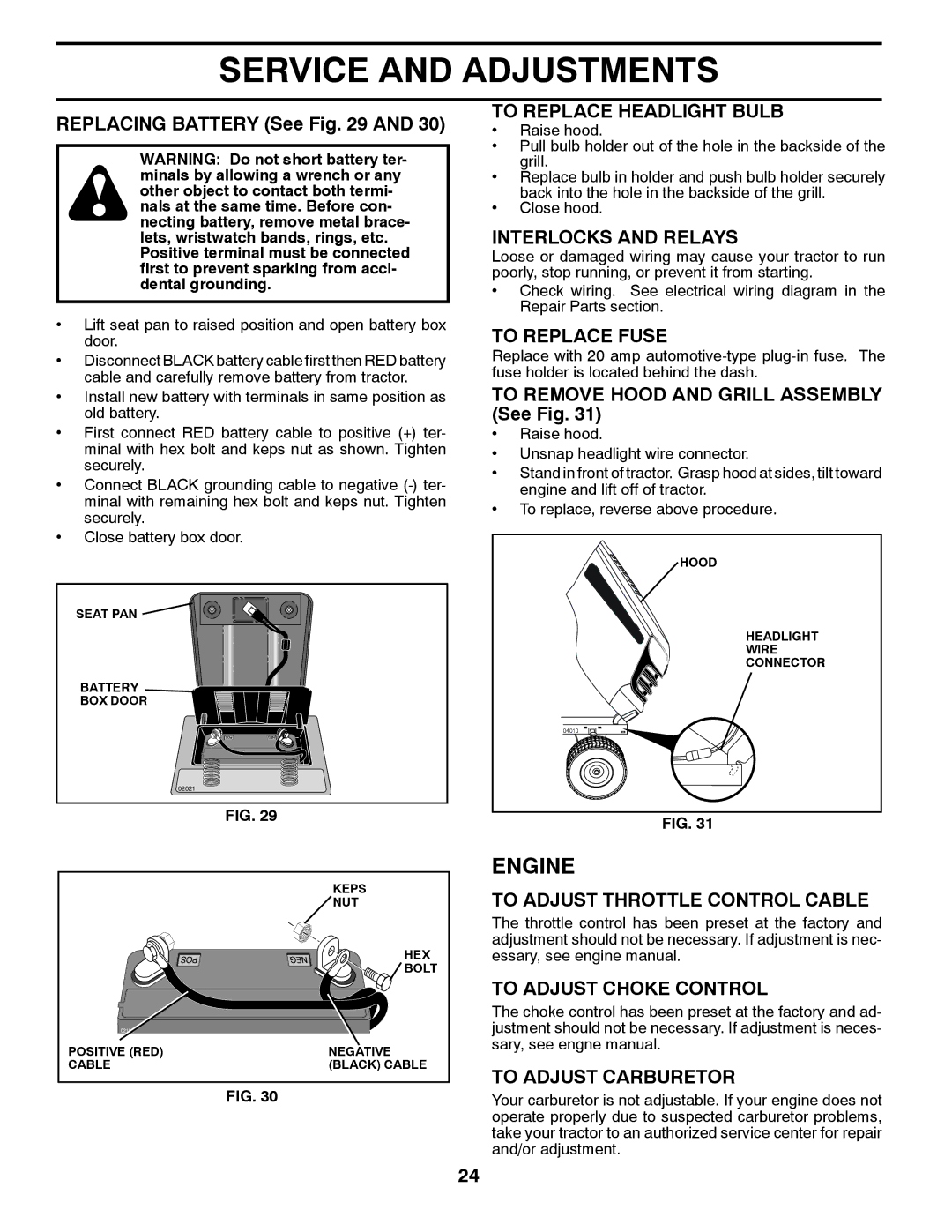 Husqvarna YTH2042 To Replace Headlight Bulb, Interlocks and Relays, To Replace Fuse, To Adjust Throttle Control Cable 