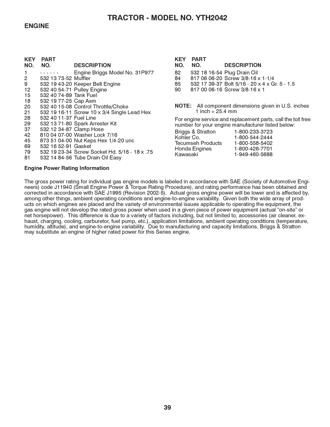 Husqvarna YTH2042 owner manual Engine Power Rating Information 