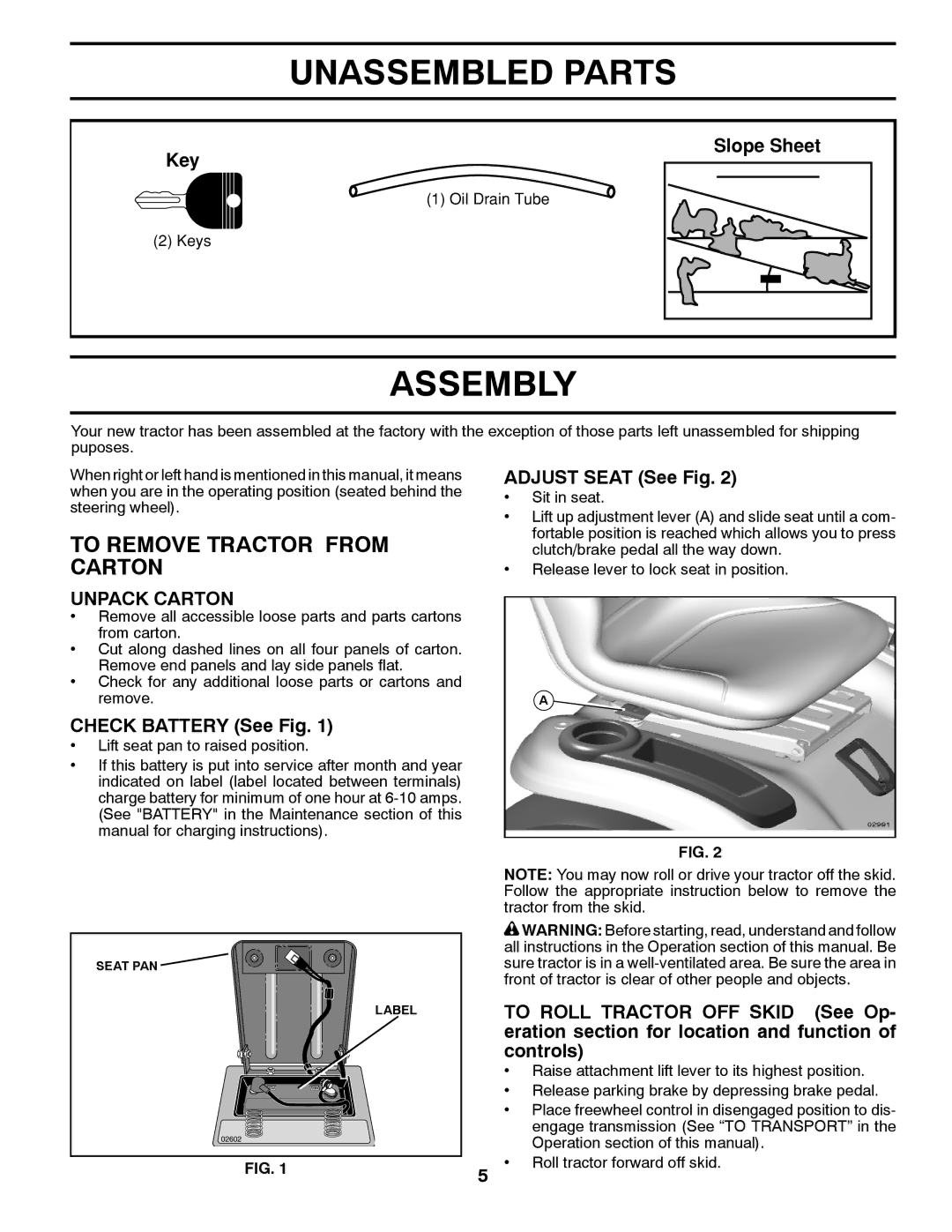 Husqvarna YTH2042 owner manual Unassembled Parts, Assembly, To Remove Tractor from Carton, Unpack Carton 