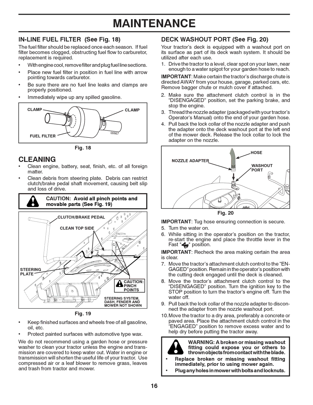 Husqvarna YTH2042 owner manual Cleaning, IN-LINE Fuel Filter See Fig, Deck Washout Port See Fig 