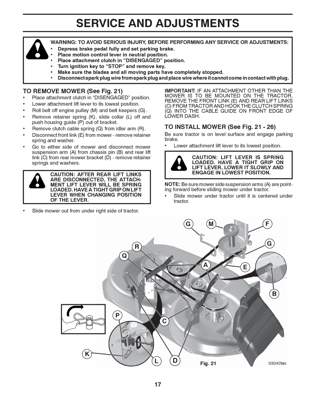 Husqvarna YTH2042 owner manual Service and Adjustments, To Remove Mower See Fig, To Install Mower See 