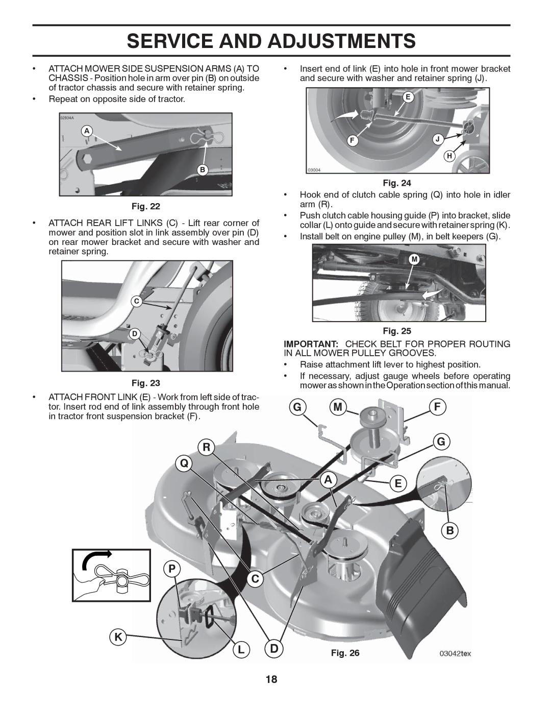 Husqvarna YTH2042 owner manual Install belt on engine pulley M, in belt keepers G 