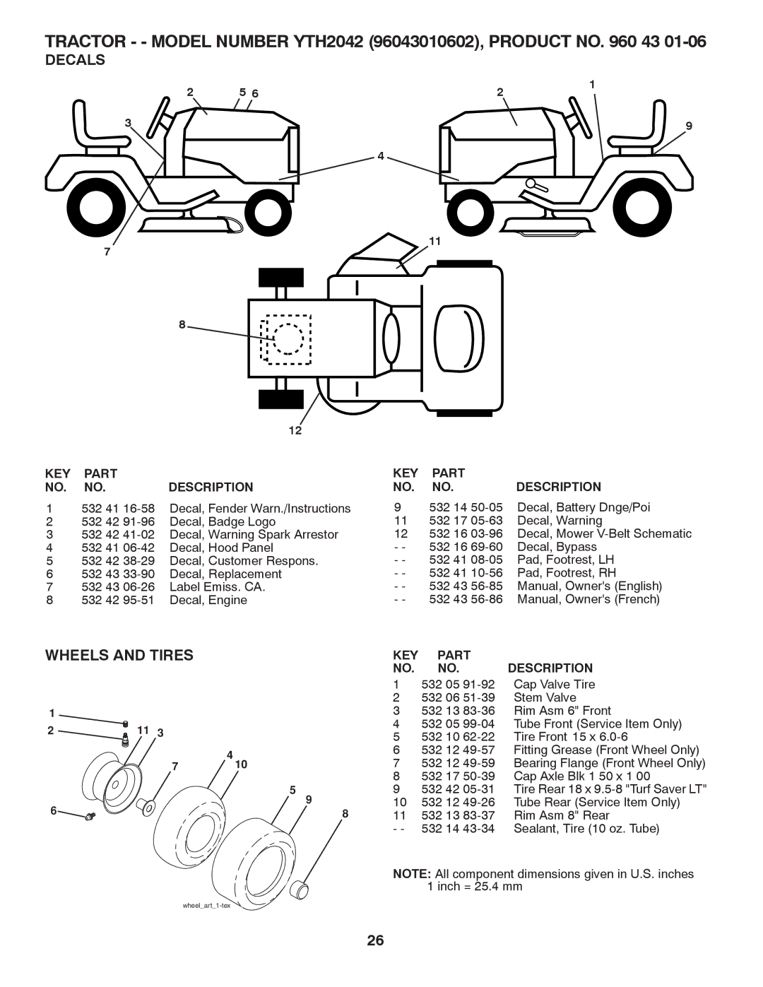 Husqvarna YTH2042 owner manual Decals, Wheels and Tires 