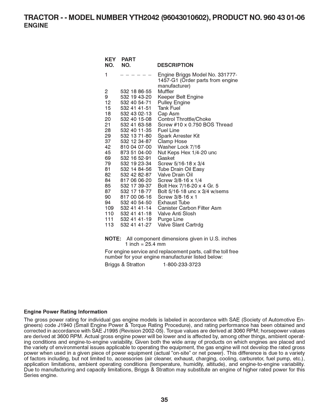 Husqvarna YTH2042 owner manual Engine Power Rating Information 