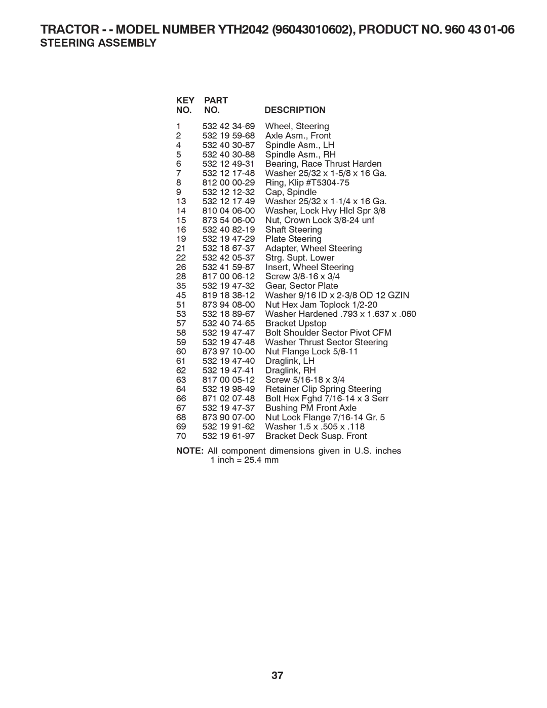 Husqvarna owner manual Tractor - Model Number YTH2042 96043010602, Product no 43 