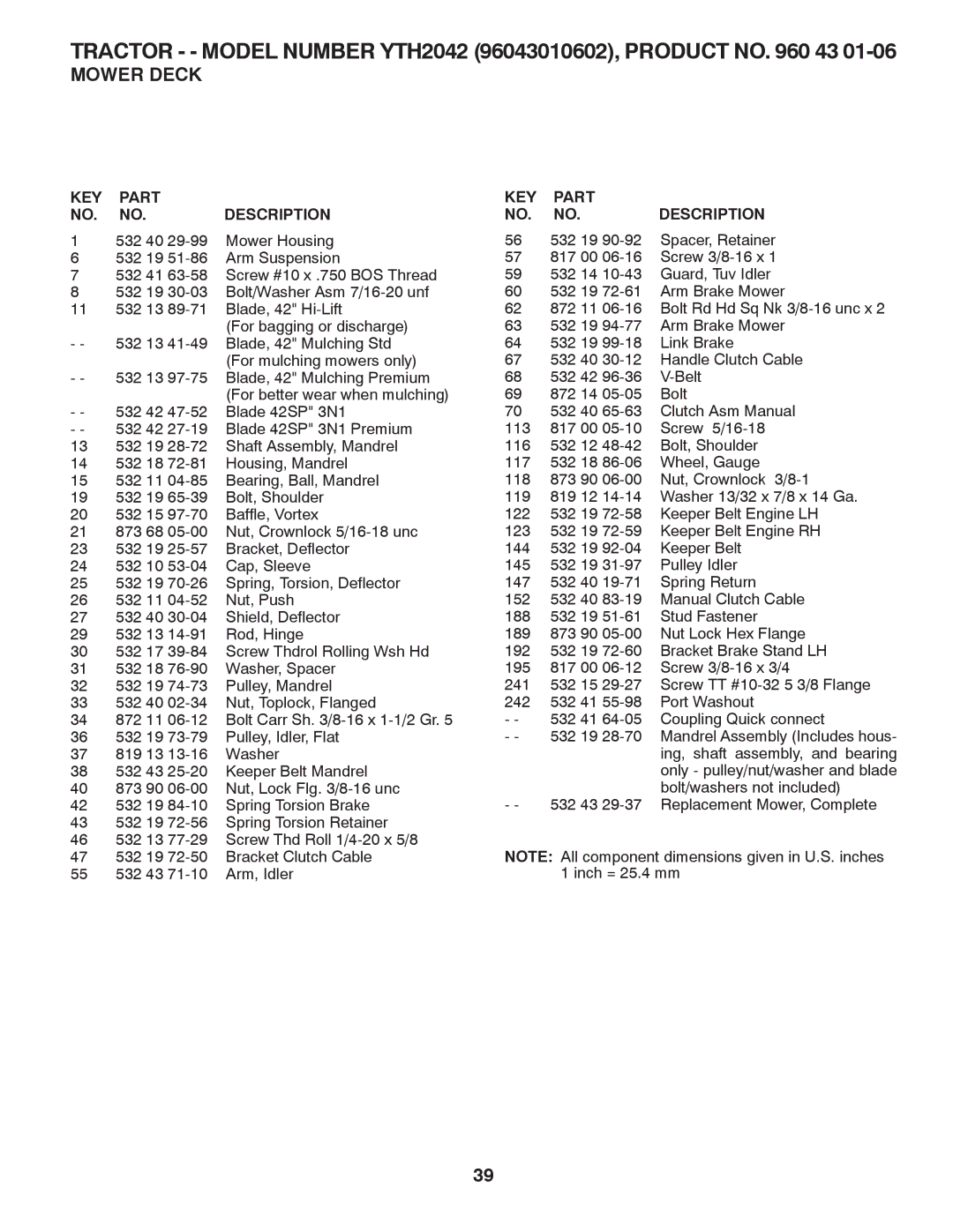 Husqvarna YTH2042 owner manual 532 40 Mower Housing 