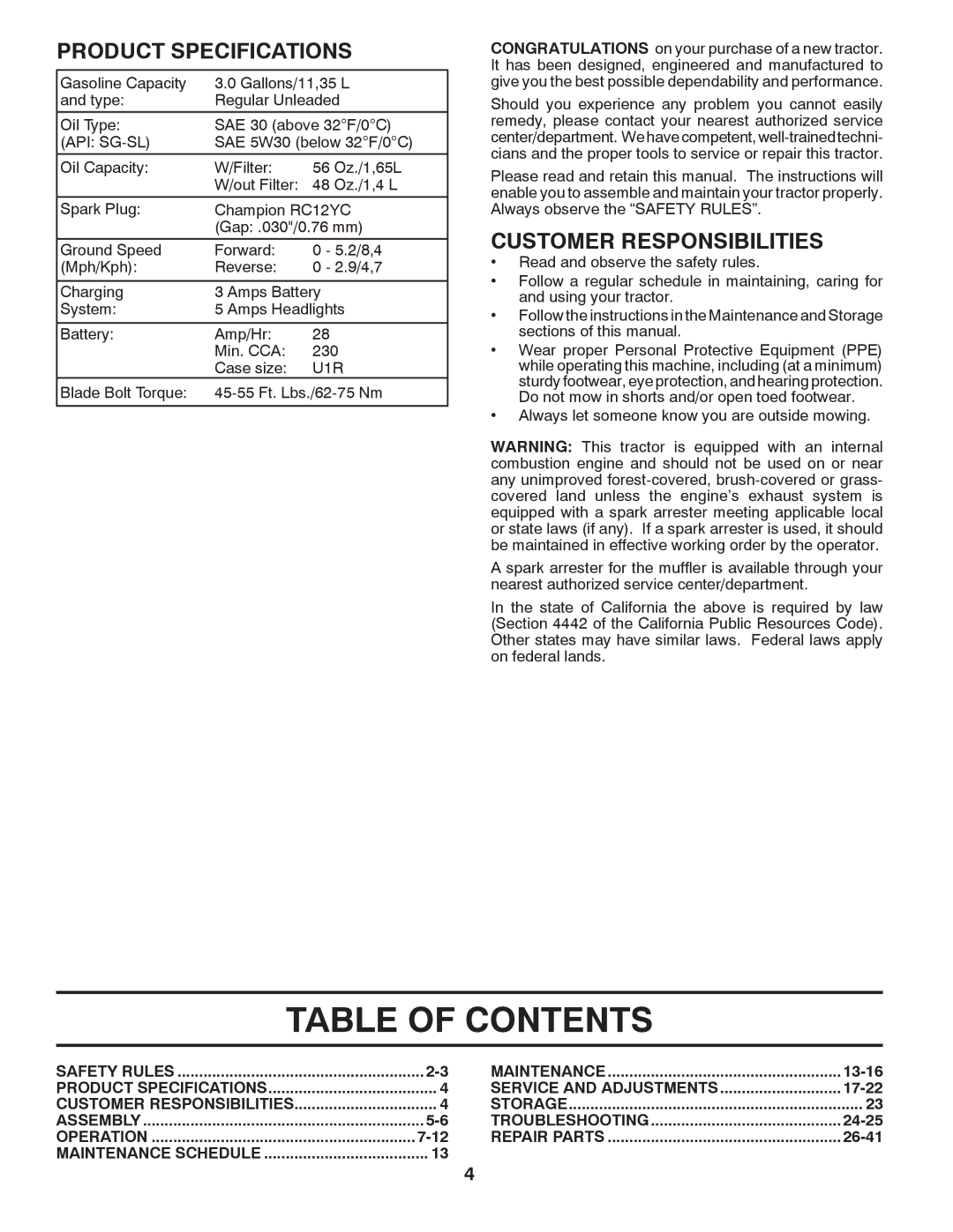 Husqvarna YTH2042 owner manual Table of Contents 