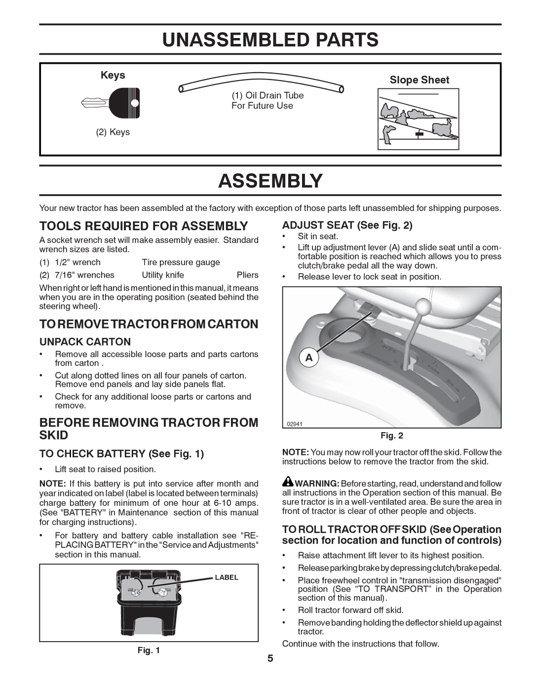 Husqvarna YTH2042 owner manual Unassembled Parts, Tools Required for Assembly, Toremovetractorfromcarton 