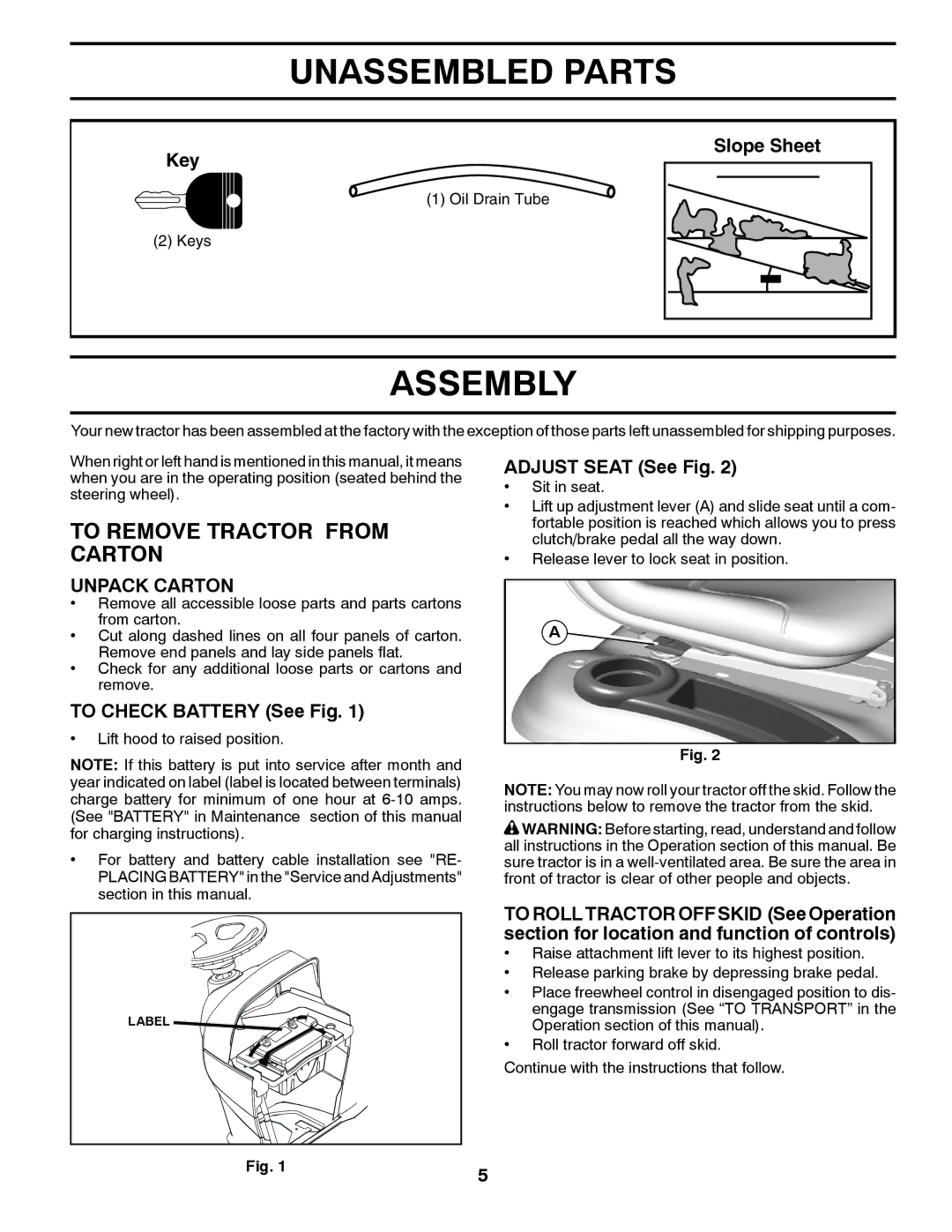 Husqvarna YTH2042TD manual Unassembled Parts, Assembly, To Remove Tractor from Carton, Unpack Carton 