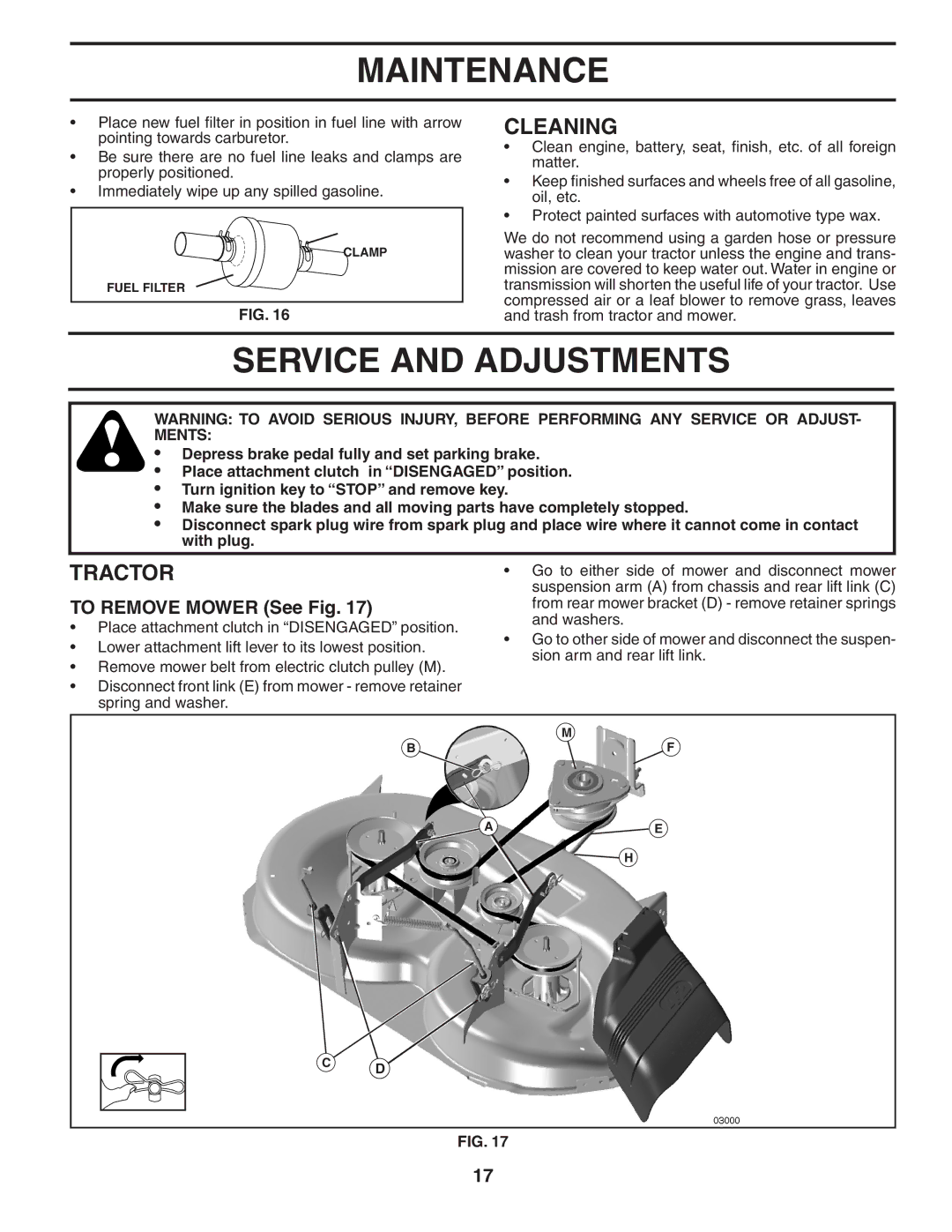 Husqvarna YTH2042XP owner manual Service and Adjustments, Cleaning, To Remove Mower See Fig 