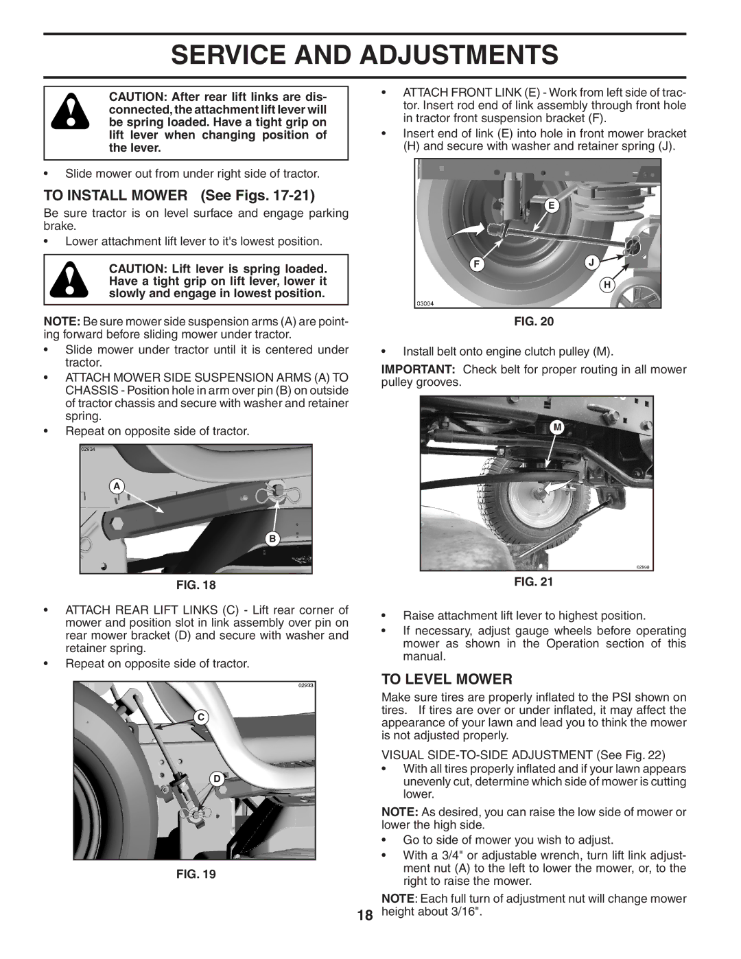 Husqvarna YTH2042XP owner manual To Install Mower See Figs, To Level Mower 