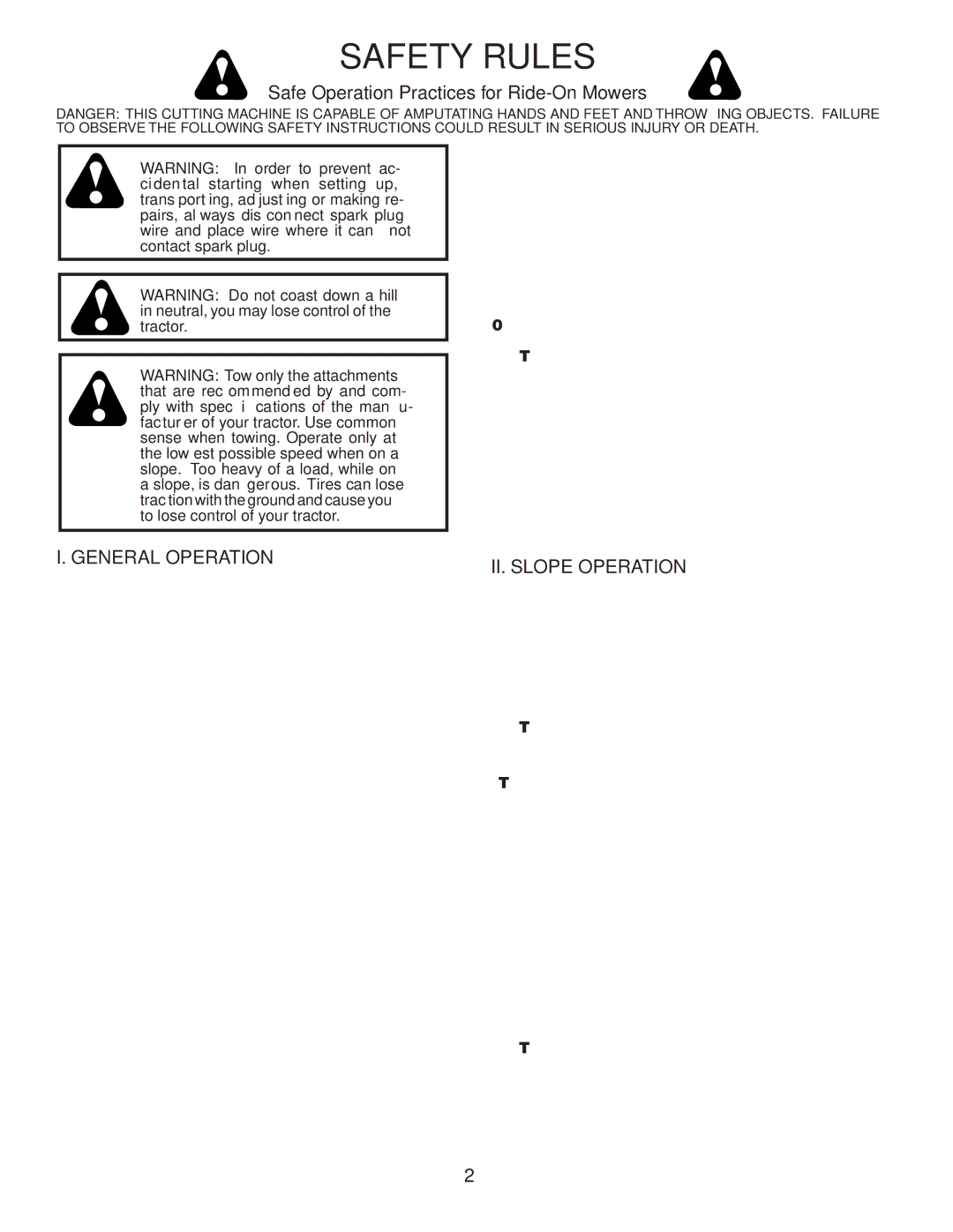 Husqvarna YTH2042XP Safety Rules, Safe Operation Practices for Ride-On Mowers, General Operation, II. Slope Operation 