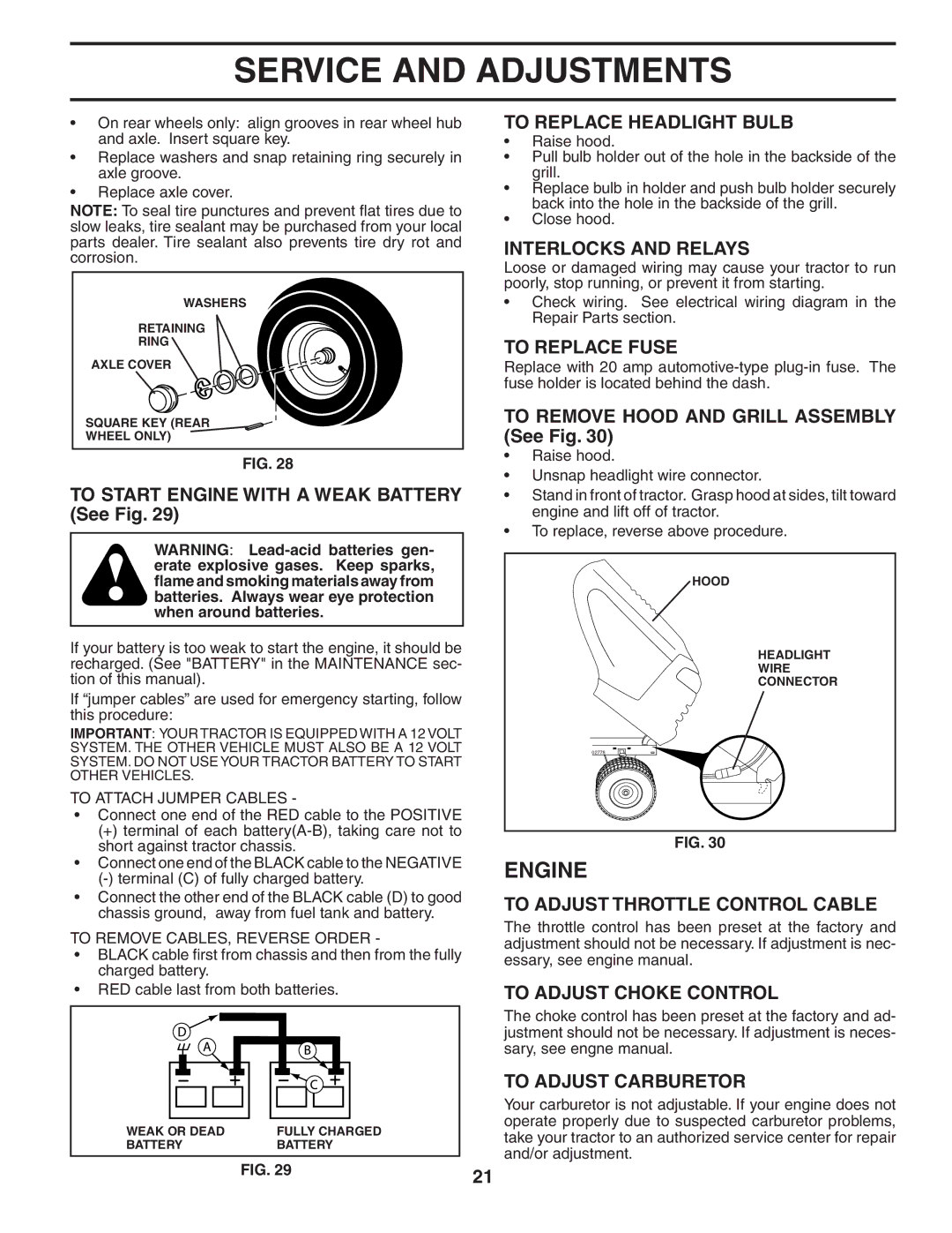 Husqvarna YTH2042XP To Replace Headlight Bulb, Interlocks and Relays, To Replace Fuse, To Adjust Throttle Control Cable 