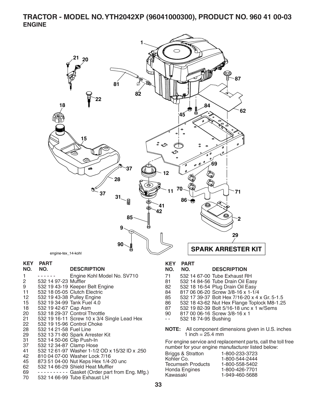 Husqvarna YTH2042XP owner manual Spark Arrester KIT, Engine 