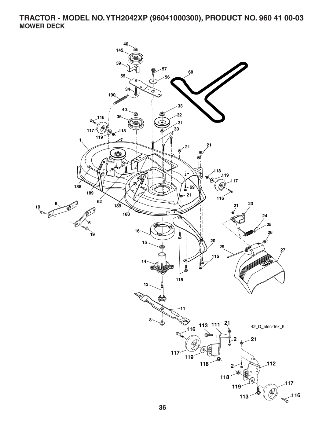 Husqvarna owner manual Tractor Model NO.YTH2042XP 96041000300, Product no 41, Mower Deck 