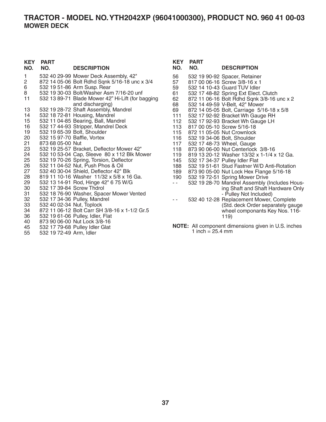 Husqvarna YTH2042XP owner manual KEY Part NO. NO. Description 