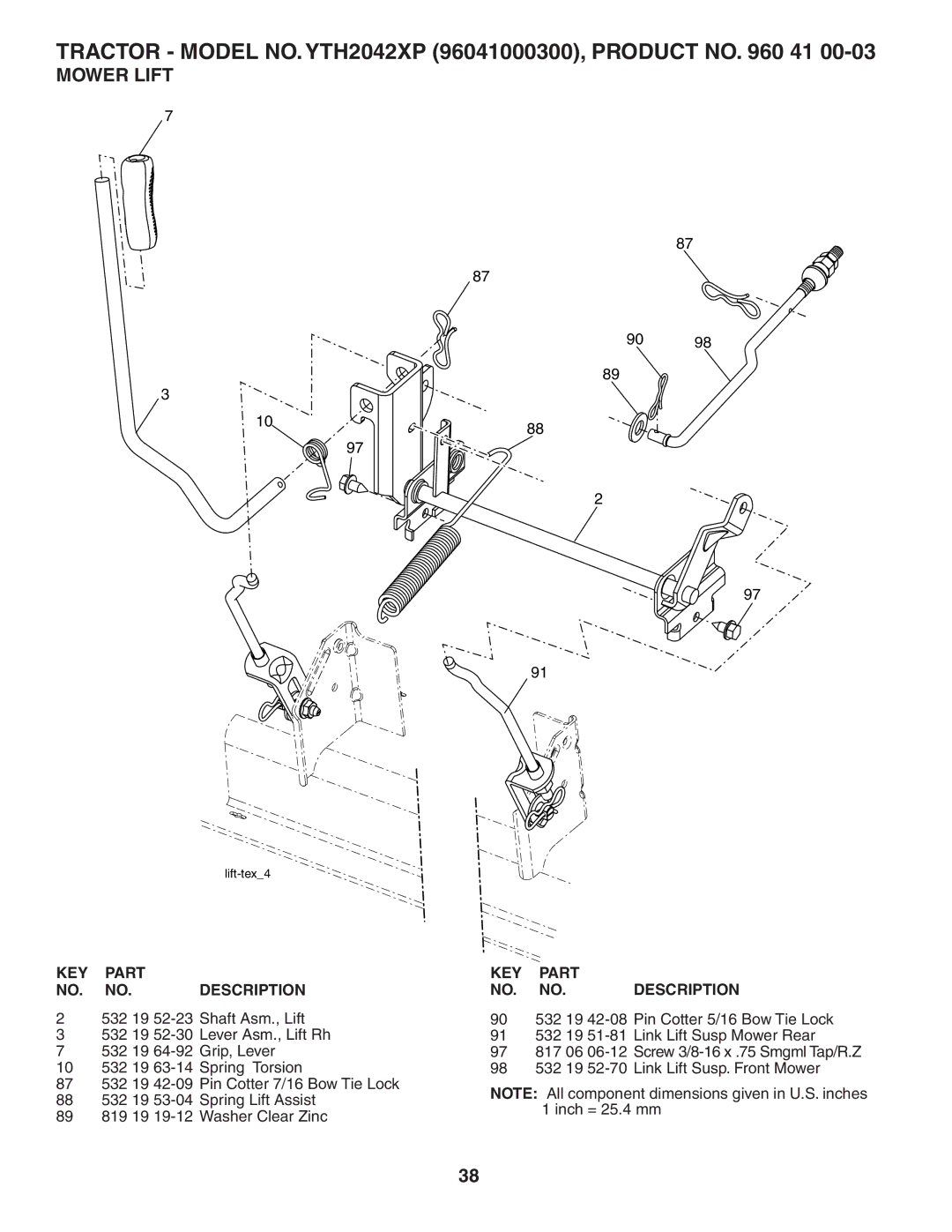 Husqvarna YTH2042XP owner manual Mower Lift 