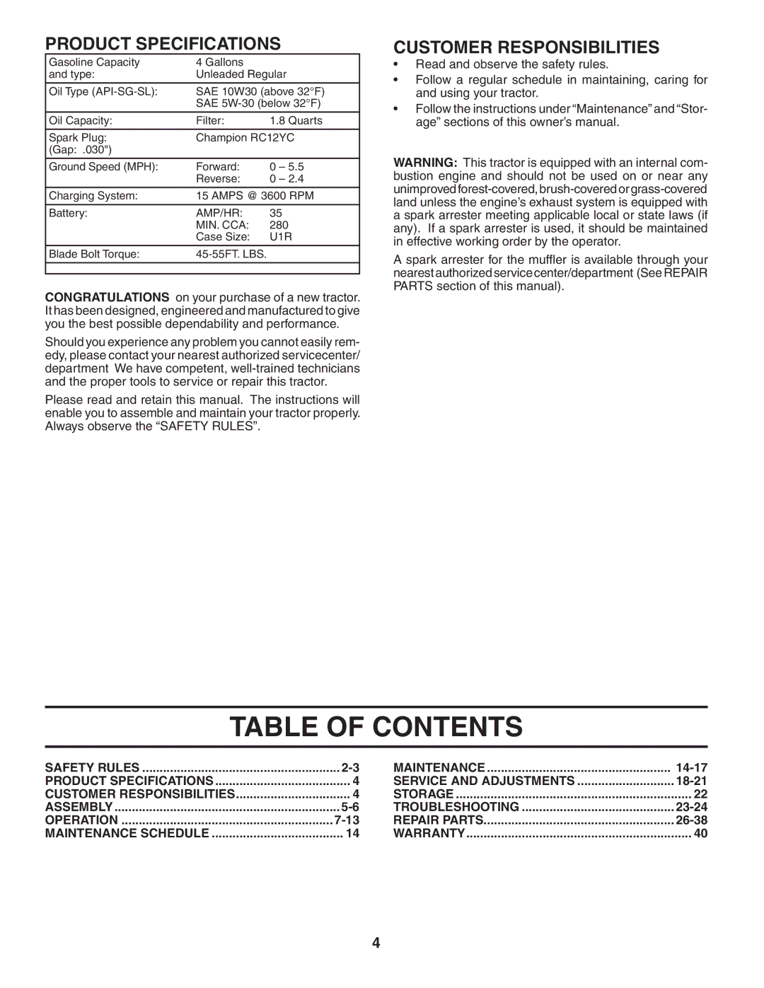 Husqvarna YTH2042XP owner manual Table of Contents 