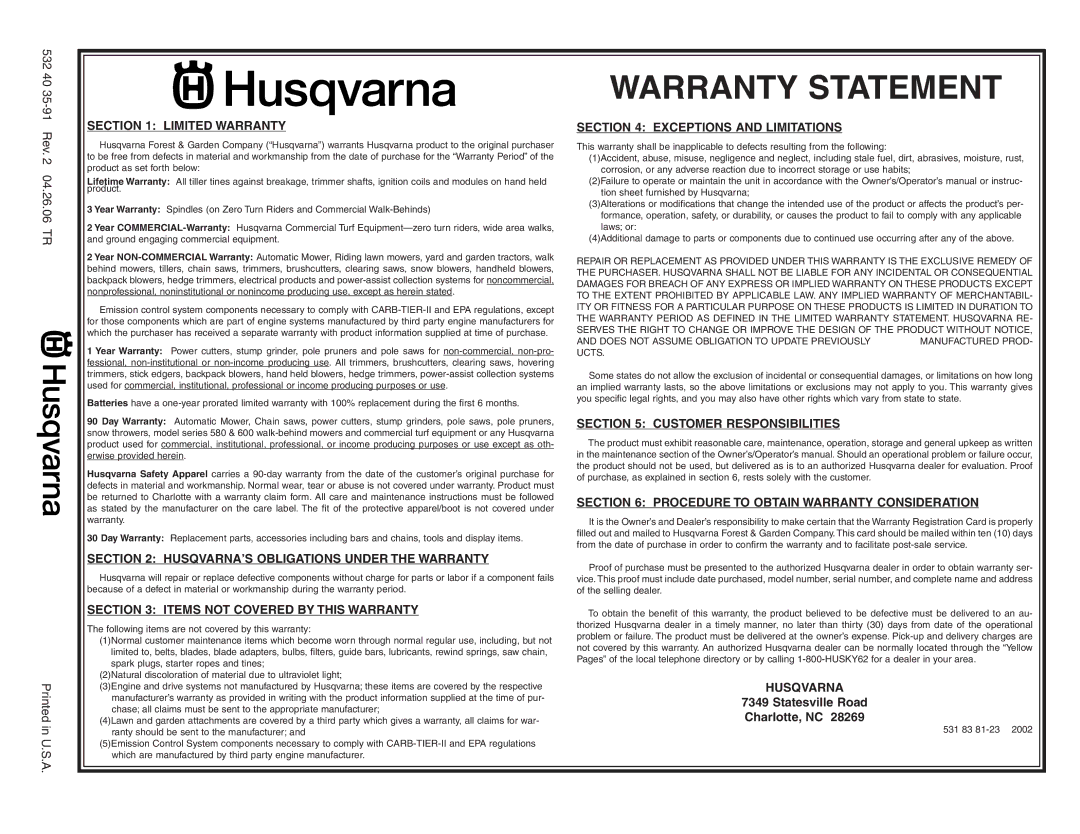 Husqvarna YTH2042XP owner manual Warranty Statement 