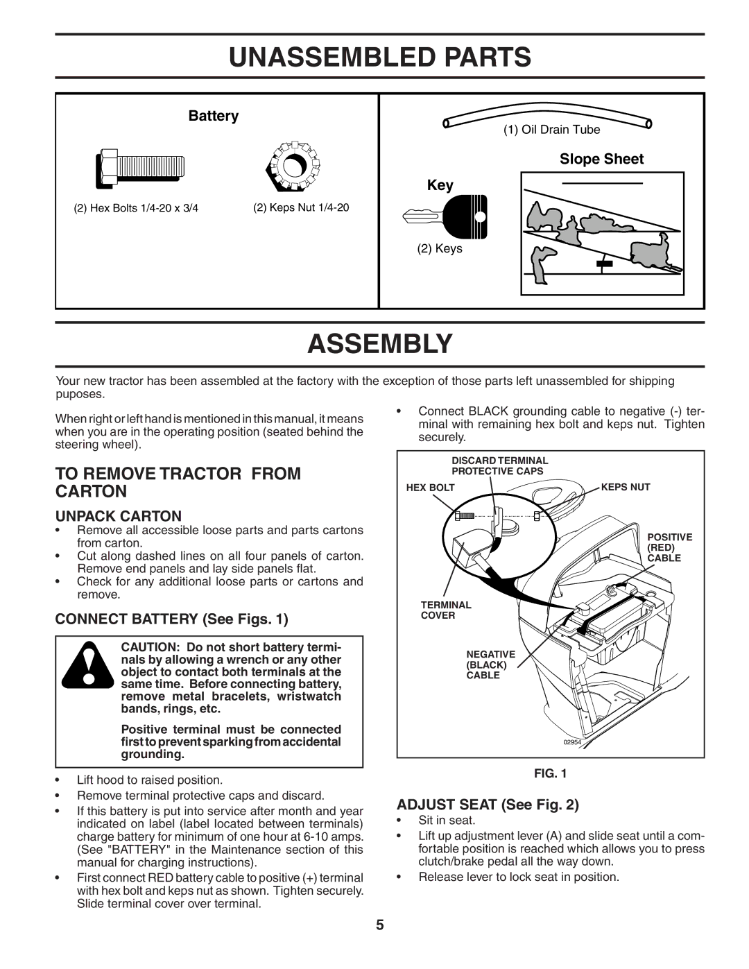 Husqvarna YTH2042XP owner manual Unassembled Parts, Assembly, To Remove Tractor from Carton, Unpack Carton 