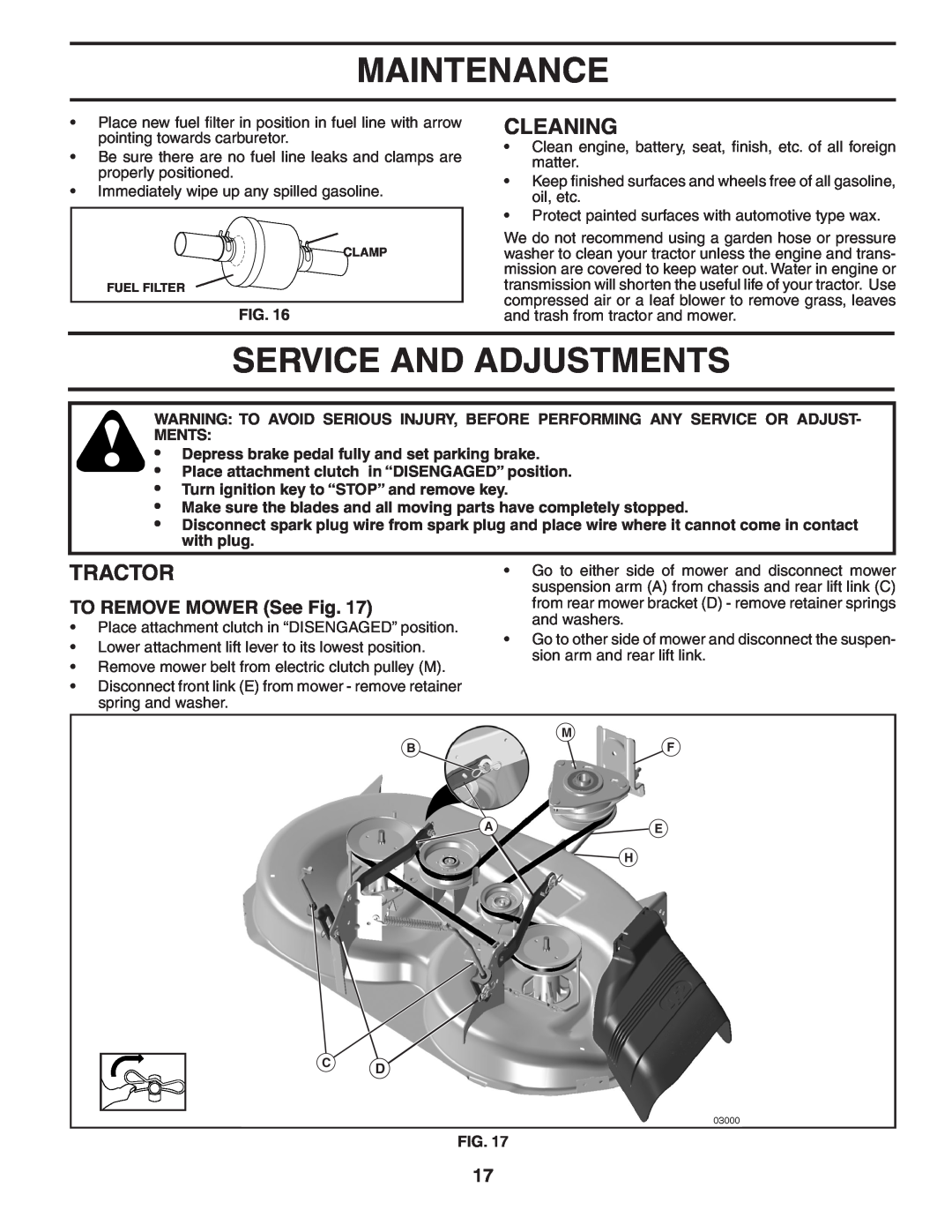 Husqvarna YTH2042XP owner manual Service And Adjustments, Cleaning, TO REMOVE MOWER See Fig, Maintenance, Tractor 