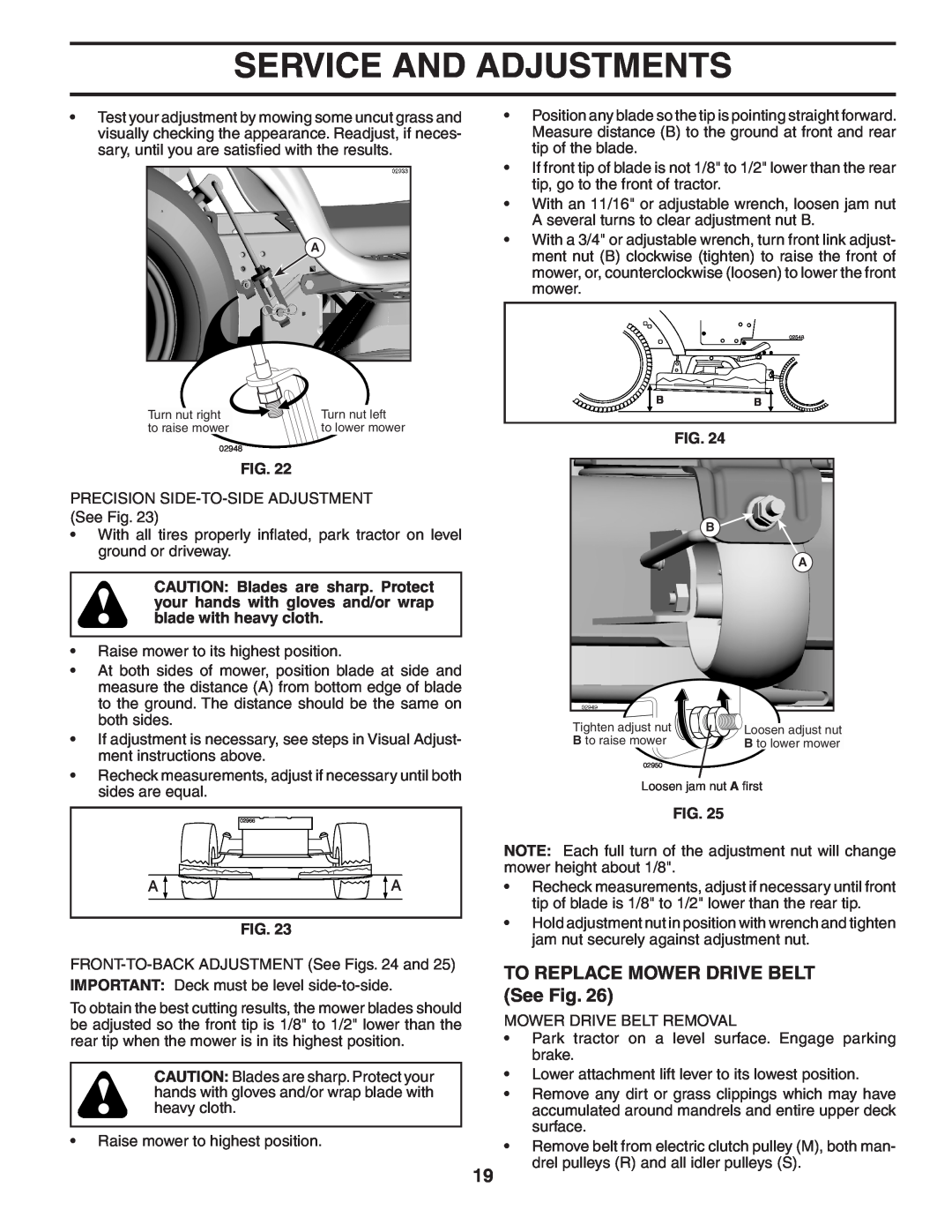 Husqvarna YTH2042XP owner manual TO REPLACE MOWER DRIVE BELT See Fig, Service And Adjustments 