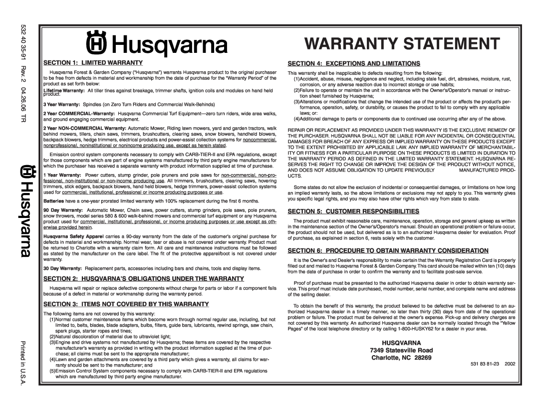 Husqvarna YTH2042XP Warranty Statement, Limited Warranty, Items Not Covered By This Warranty, Exceptions And Limitations 