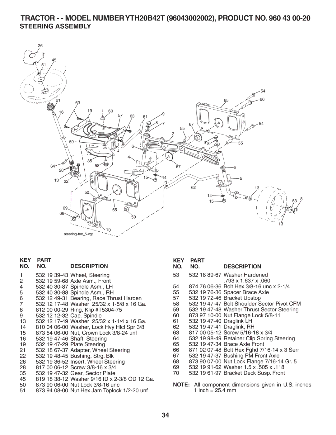 Husqvarna YTH20B42T owner manual Steering Assembly 