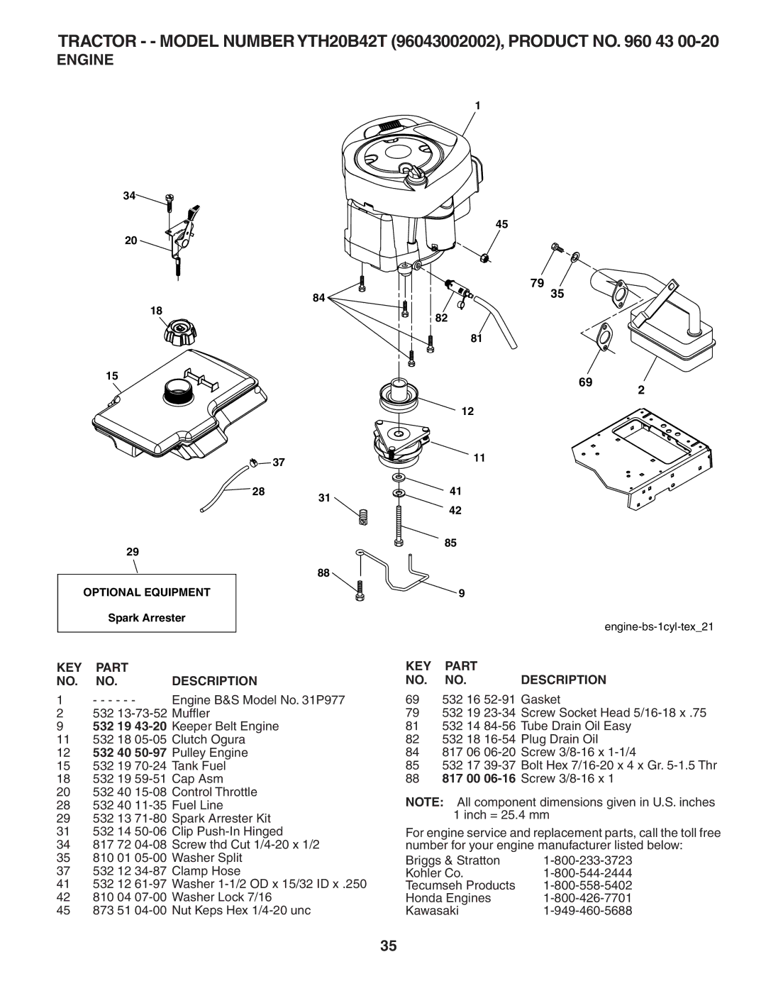 Husqvarna YTH20B42T owner manual Engine 