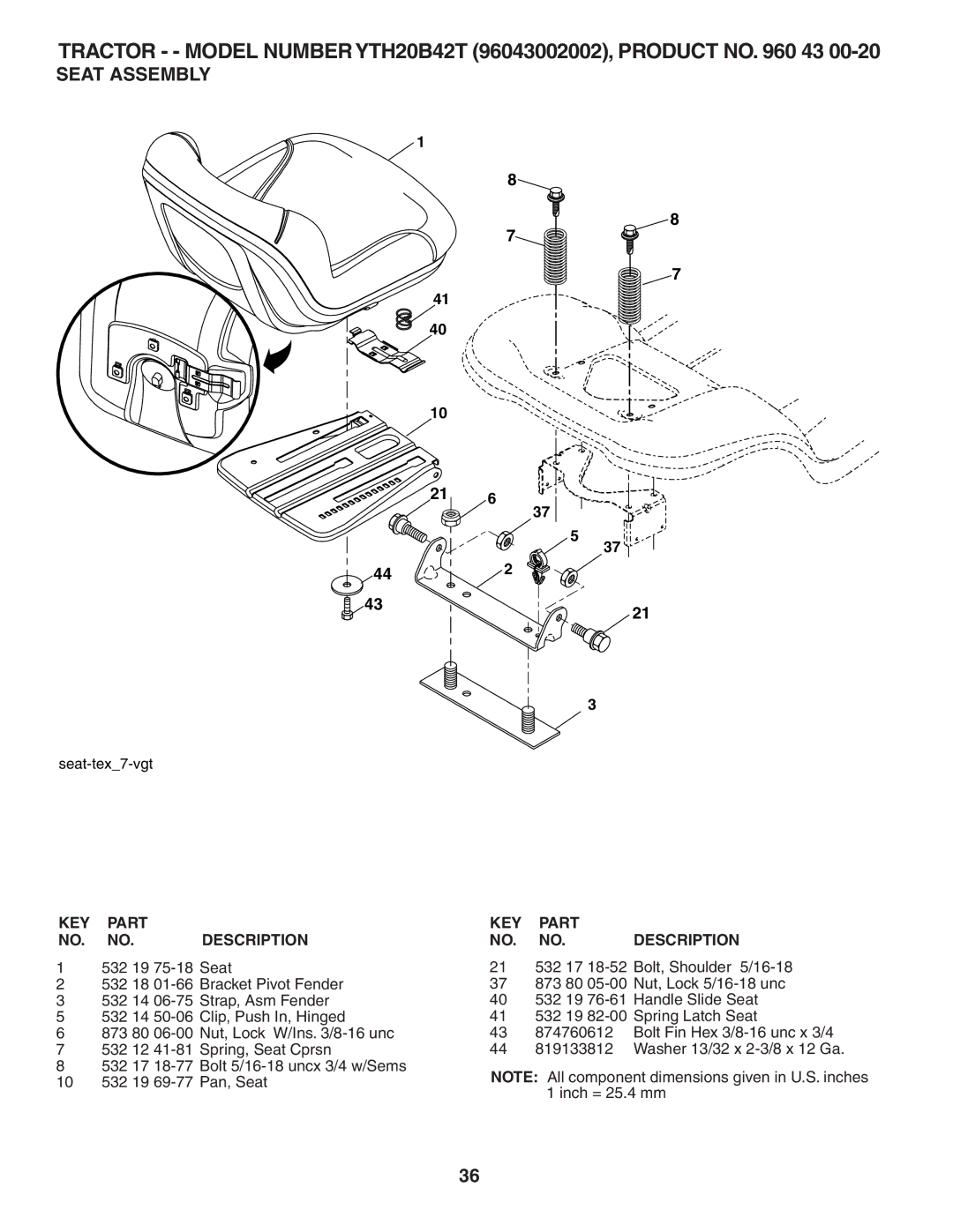 Husqvarna YTH20B42T owner manual Seat Assembly 