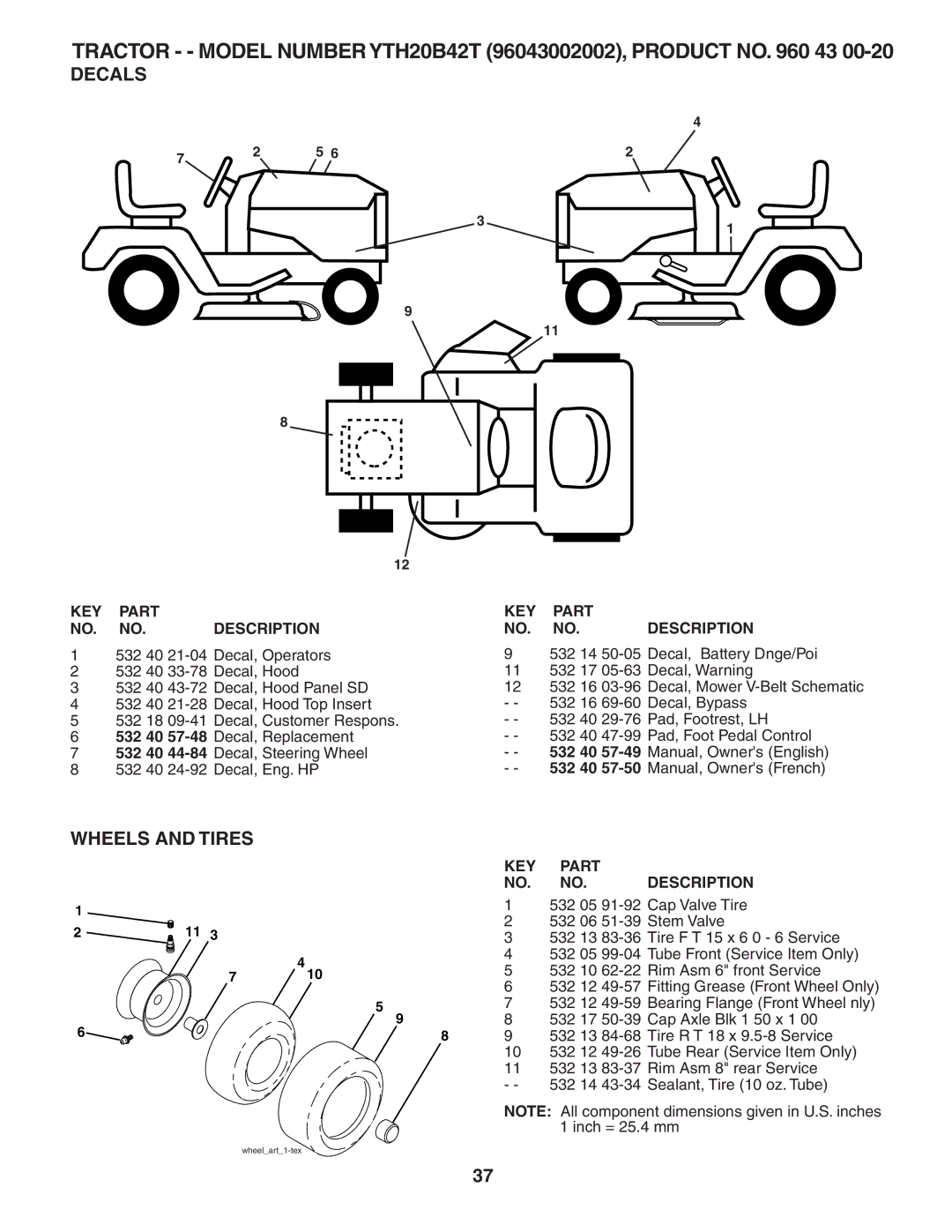 Husqvarna YTH20B42T owner manual Decals, Wheels and Tires, KEY Part Description 