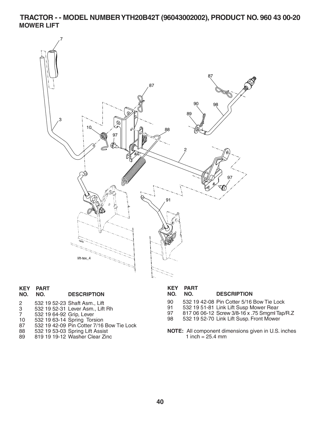 Husqvarna YTH20B42T owner manual Mower Lift 