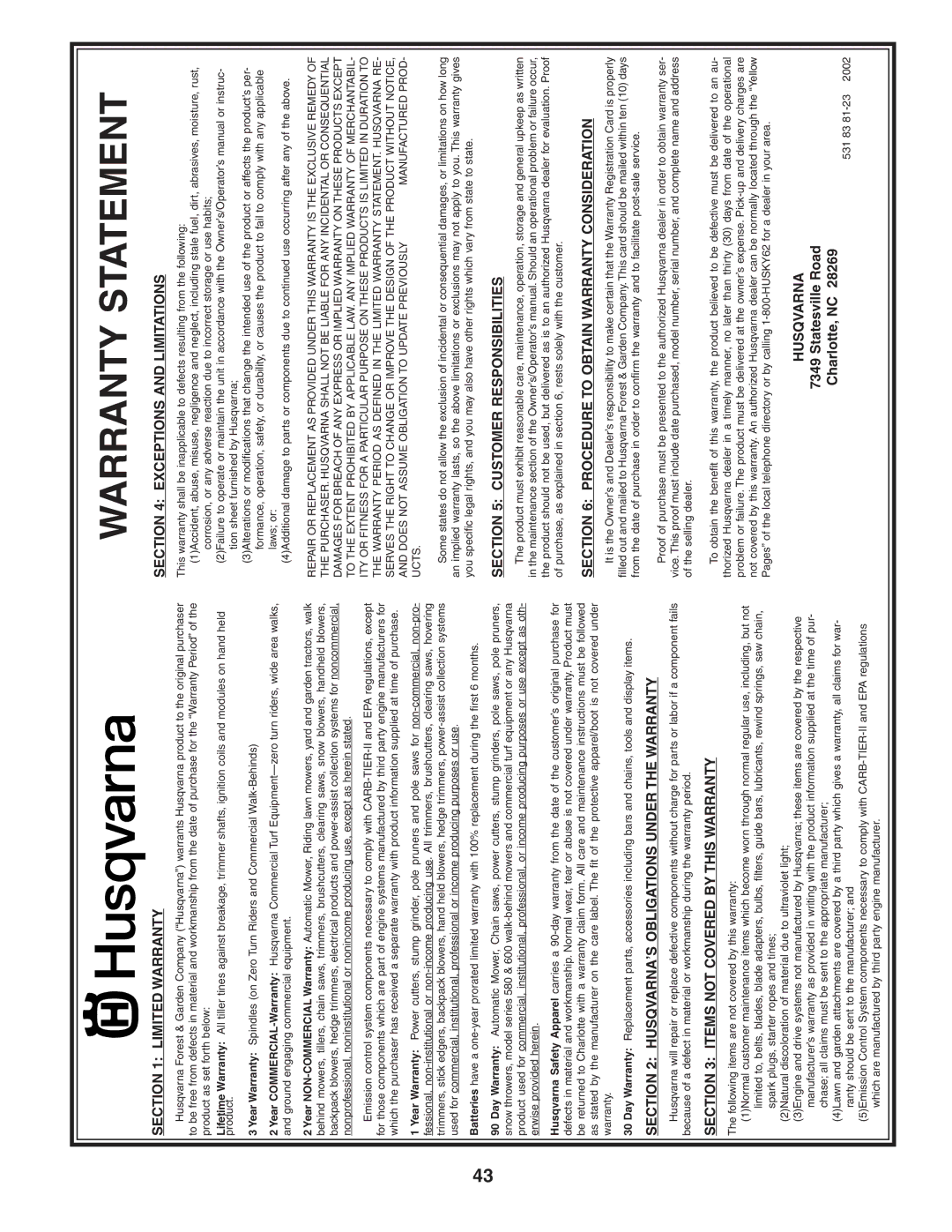 Husqvarna YTH20B42T owner manual Warranty Statement 