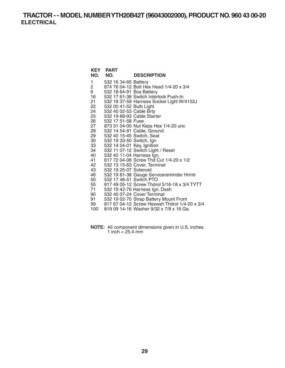 Husqvarna YTH20B42T owner manual KEY Part NO. NO.DESCRIPTION 