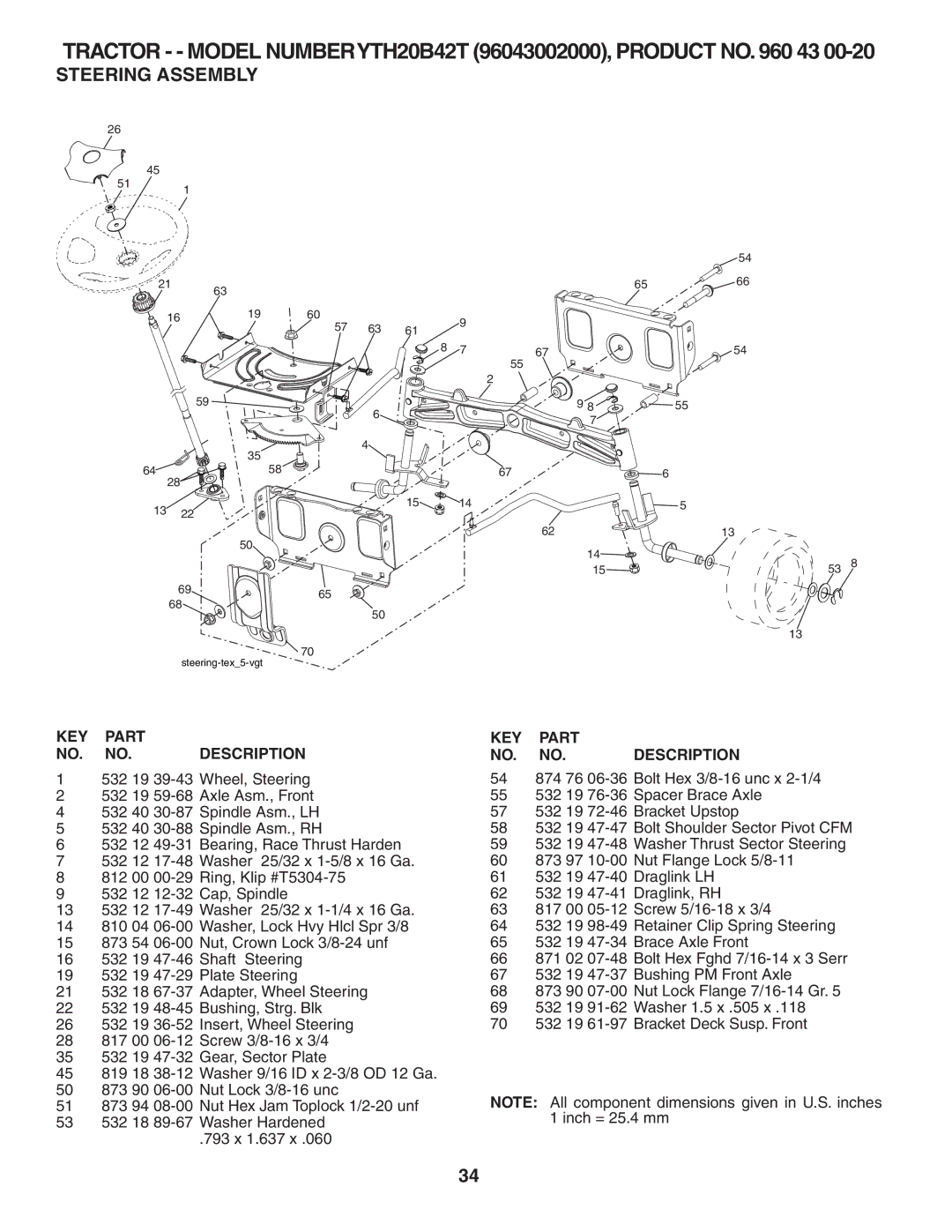 Husqvarna YTH20B42T owner manual Steering Assembly, KEY Part NO. NO.DESCRIPTION 