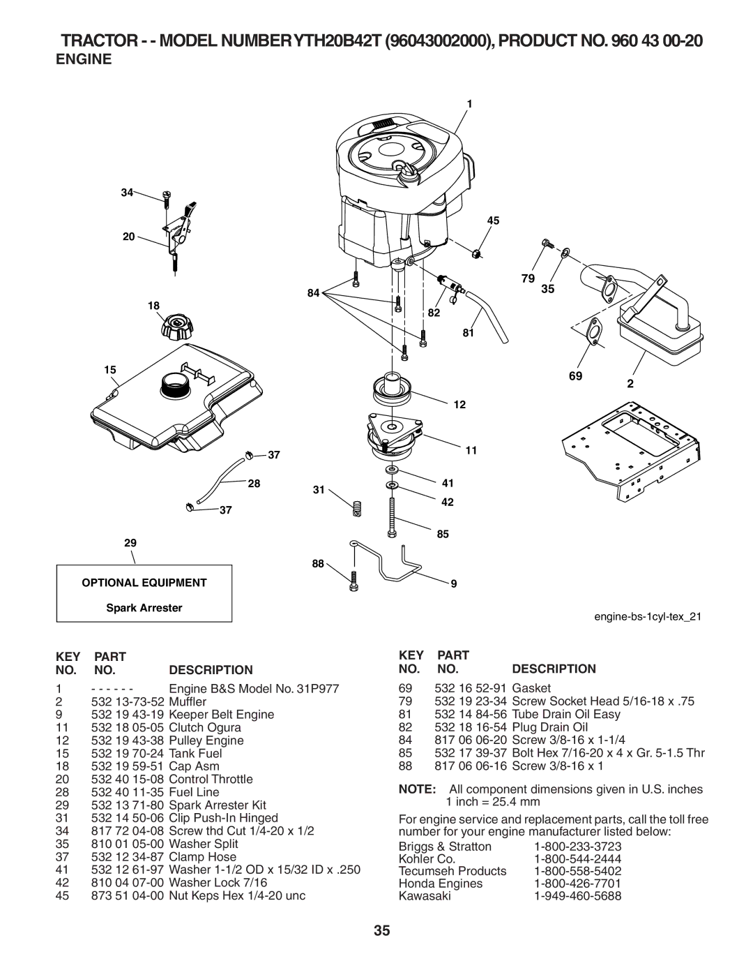 Husqvarna YTH20B42T owner manual Engine 