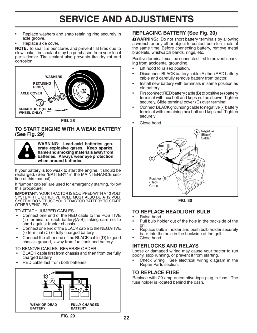 Husqvarna YTH20F42T Replacing Battery See Fig, To Start Engine with a Weak Battery See Fig, To Replace Headlight Bulb 