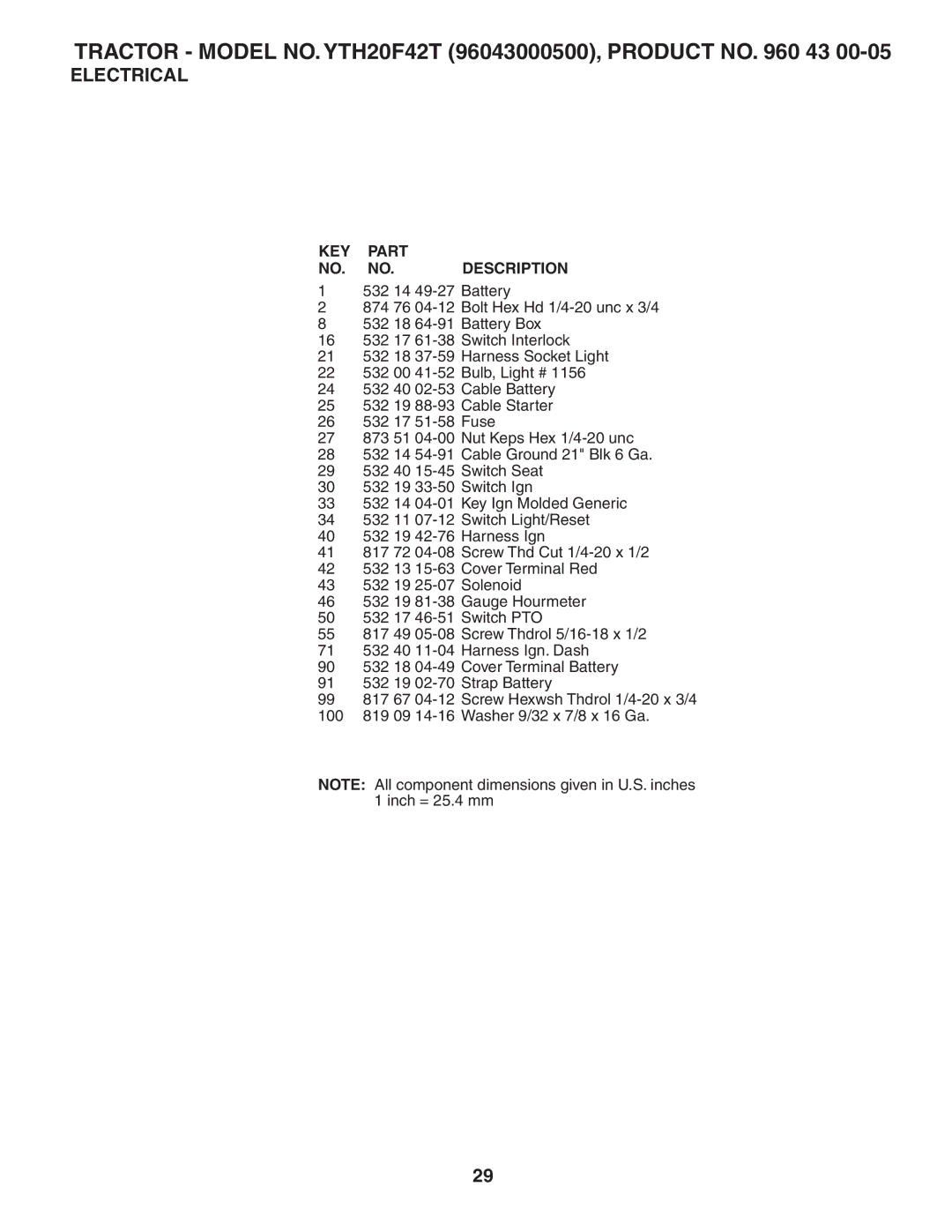 Husqvarna YTH20F42T owner manual KEY Part NO. NO. Description 