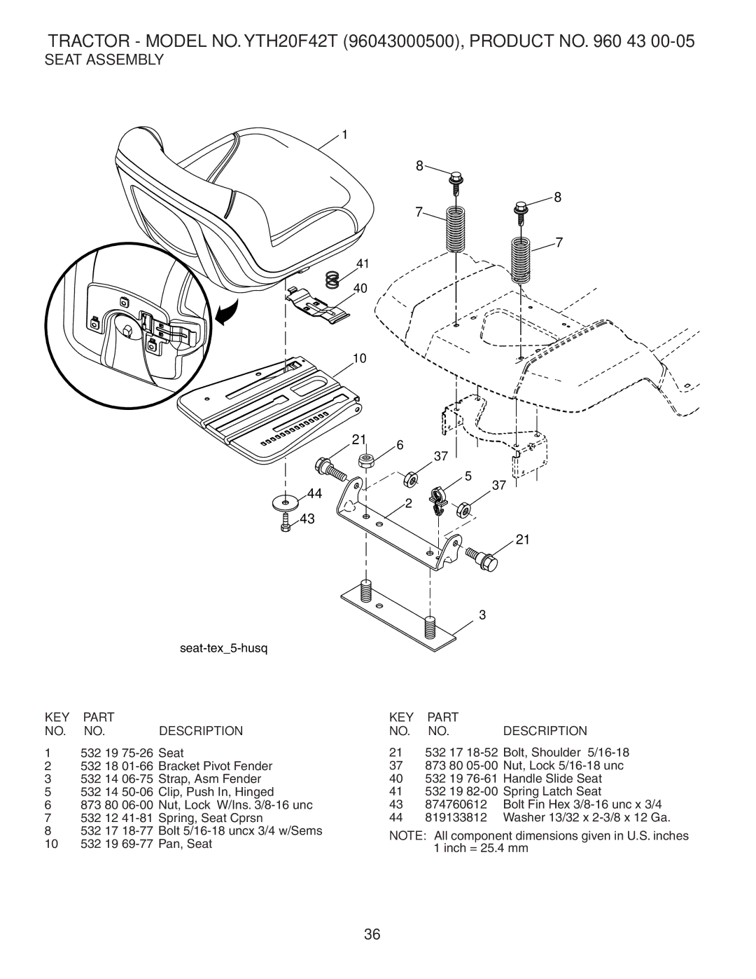 Husqvarna YTH20F42T owner manual Seat Assembly 