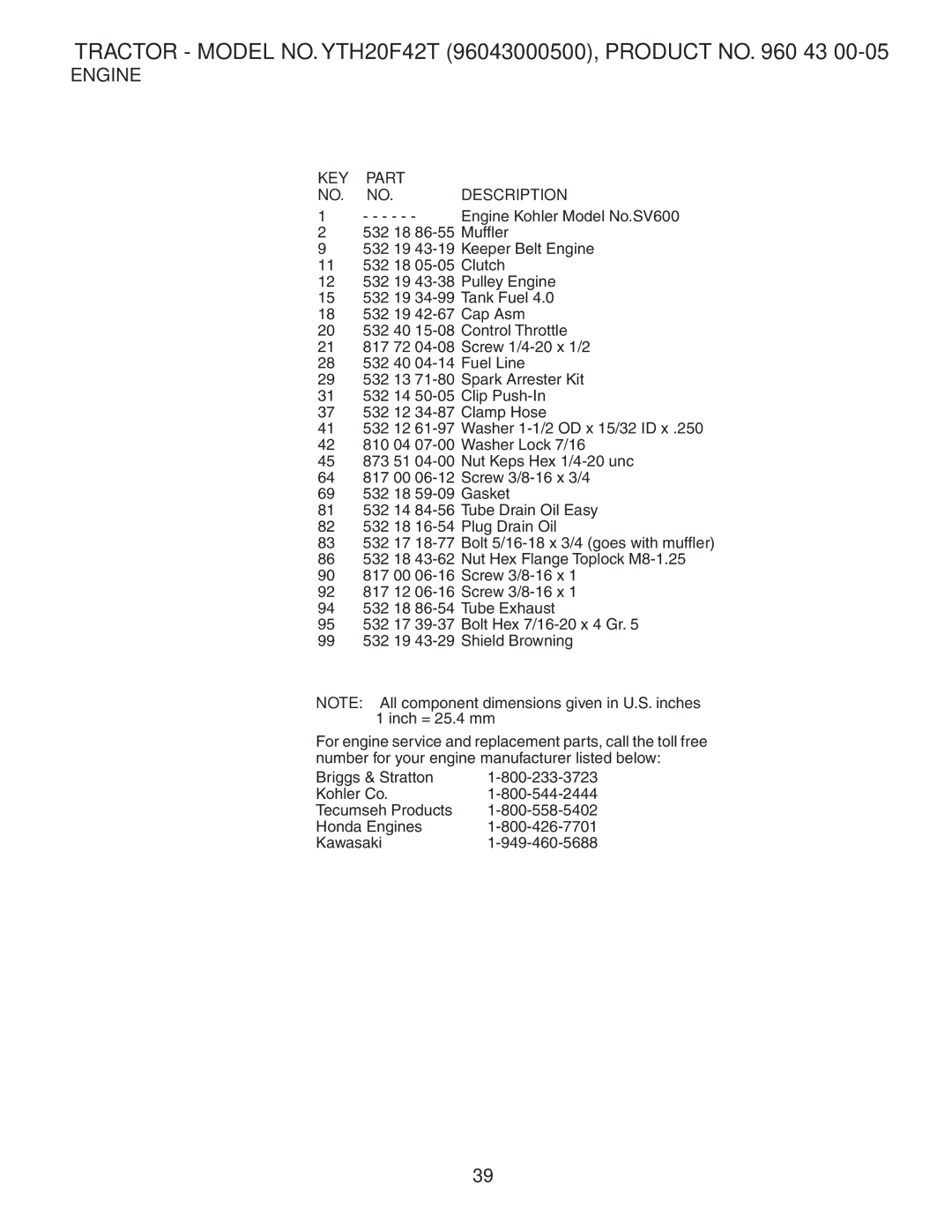 Husqvarna YTH20F42T owner manual KEY Part NO. NO. Description 