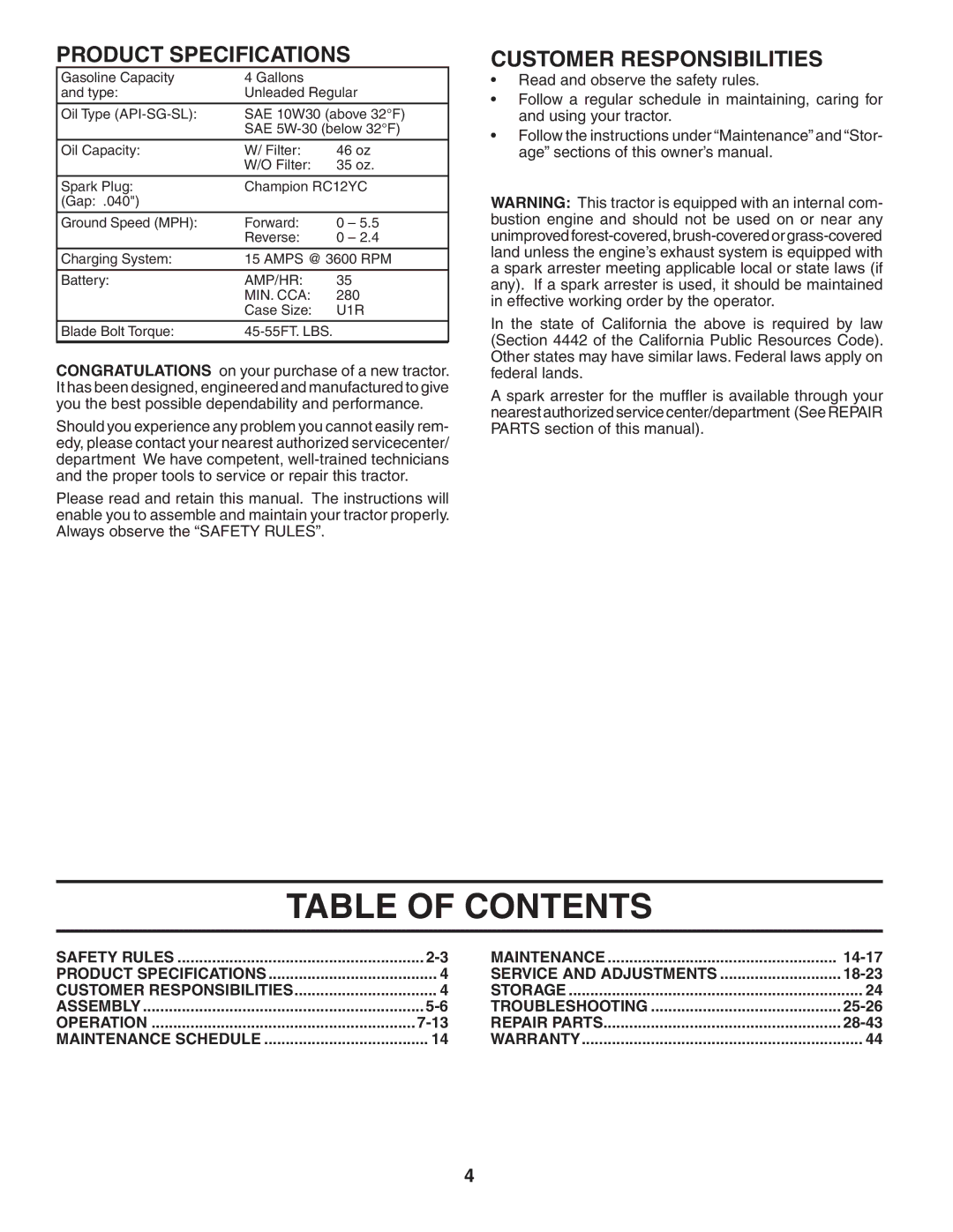 Husqvarna YTH20F42T owner manual Table of Contents 