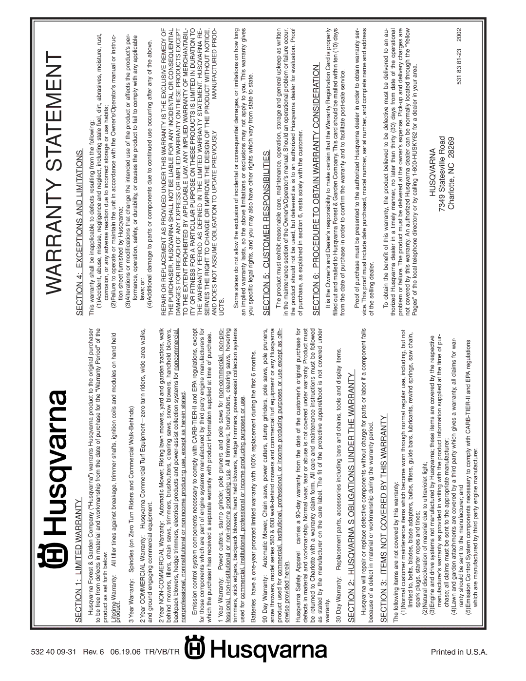 Husqvarna YTH20F42T owner manual Warranty Statement 