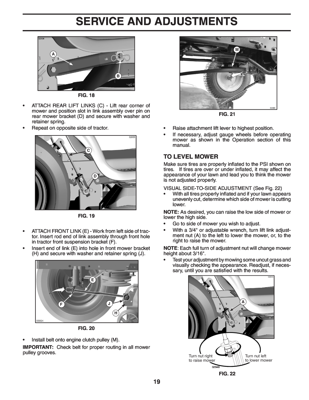 Husqvarna YTH20F42T owner manual To Level Mower, Service And Adjustments, Turn nut right, Turn nut left, to raise mower 