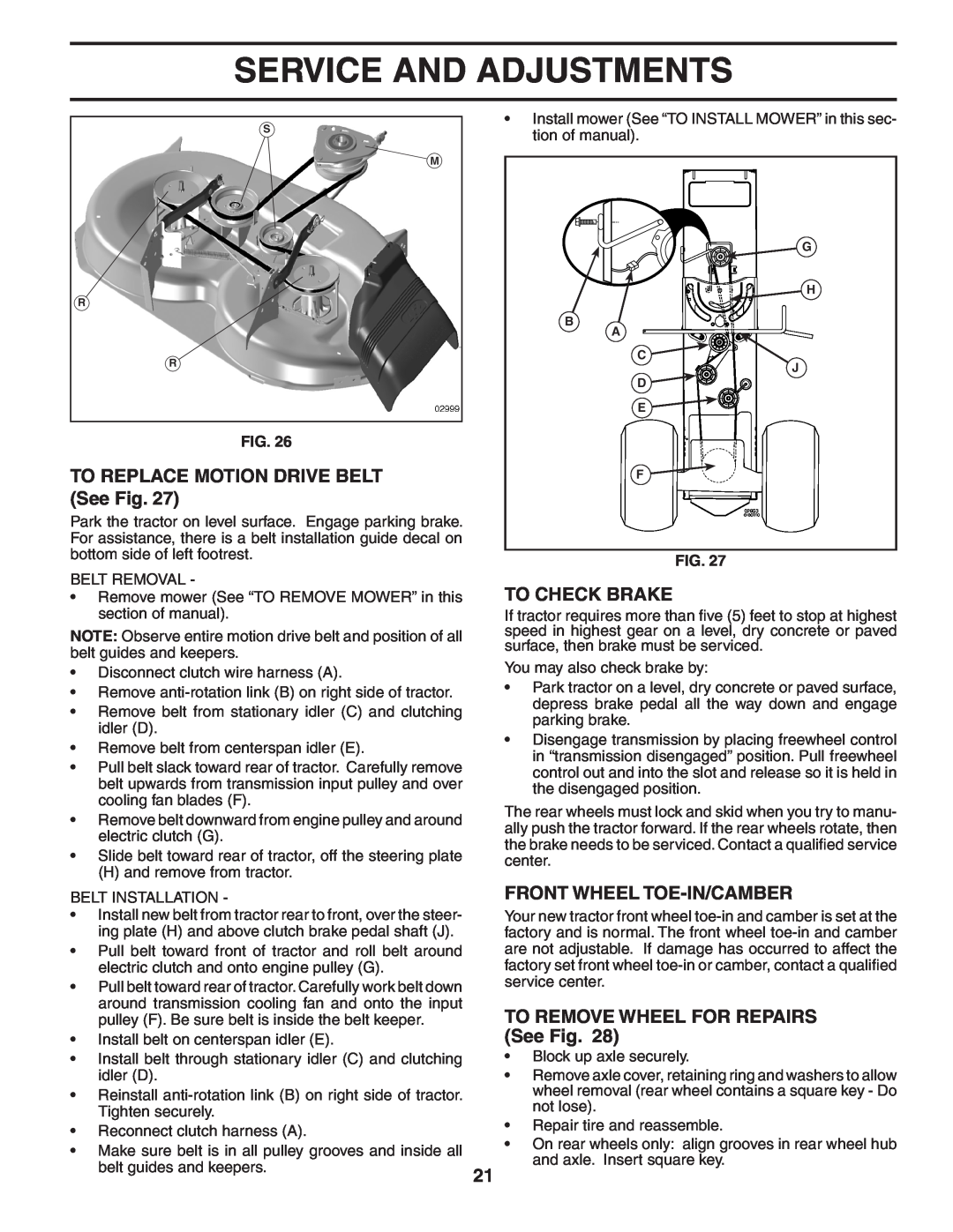 Husqvarna YTH20F42T owner manual TO REPLACE MOTION DRIVE BELT See Fig, To Check Brake, Front Wheel Toe-In/Camber 