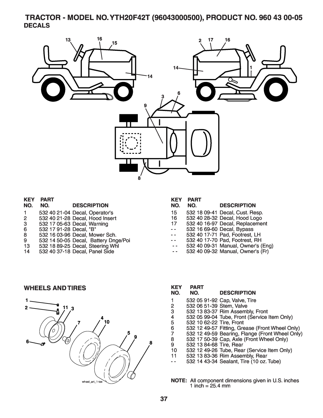 Husqvarna Decals, Wheels And Tires, TRACTOR - MODEL NO. YTH20F42T 96043000500, PRODUCT NO. 960 43, Part, Description 