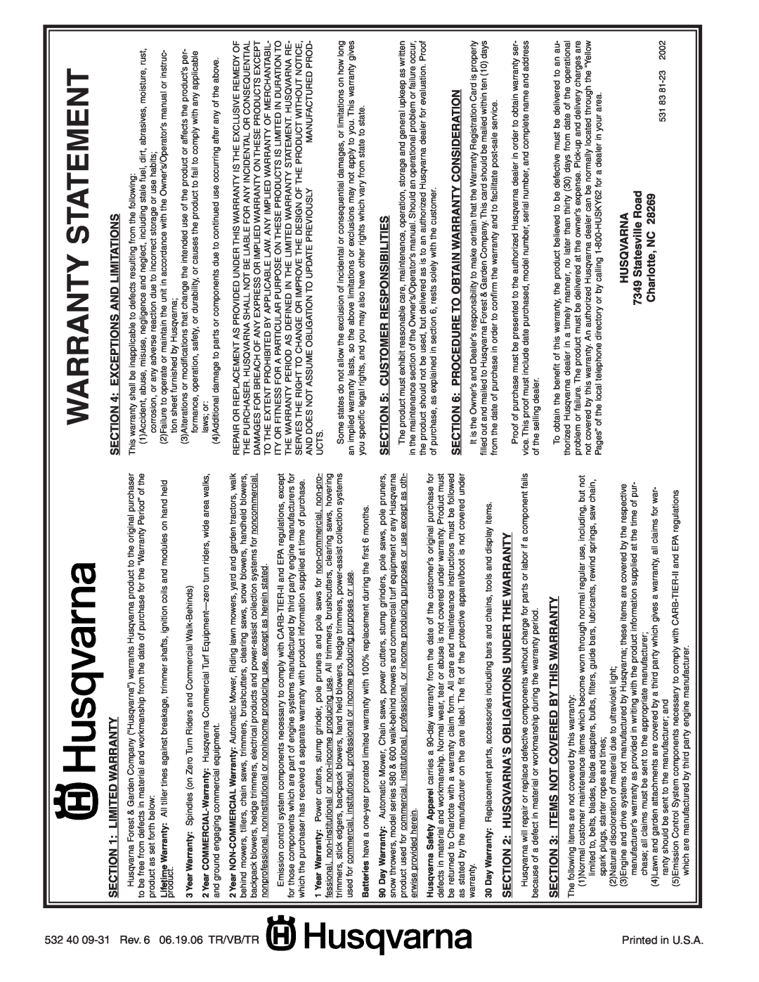 Husqvarna YTH20F42T Warranty Statement, 532 40 09-31 Rev. 6 06.19.06 TR/VB/TR Printed in U.S.A, Limited Warranty 