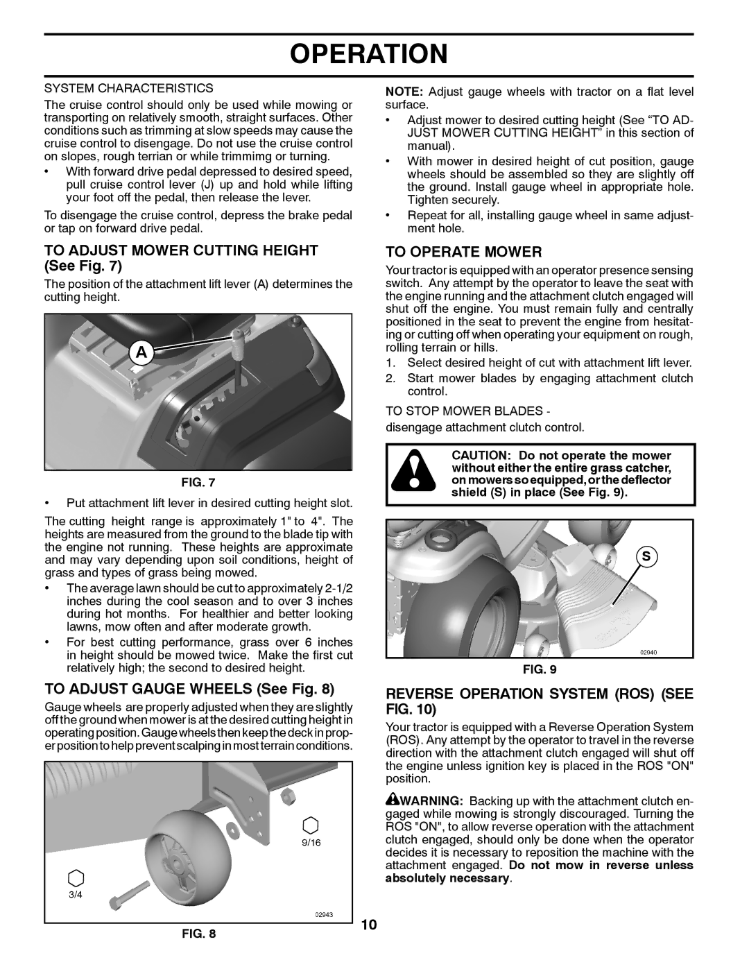 Husqvarna YTH20K46 owner manual To Adjust Mower Cutting Height See Fig, To Operate Mower, To Adjust Gauge Wheels See Fig 