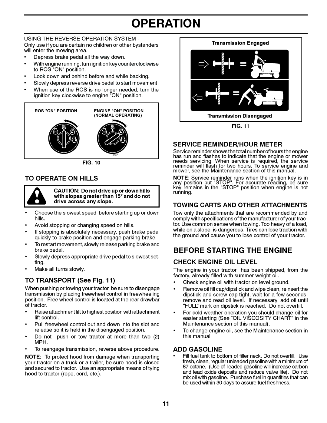 Husqvarna YTH20K46 Before Starting the Engine, To Operate on Hills, Service REMINDER/HOUR Meter, Check Engine OIL Level 