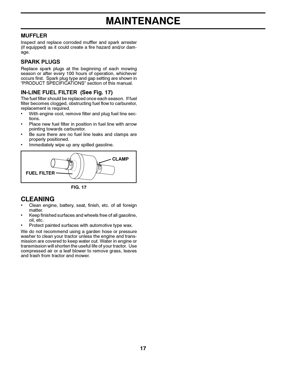 Husqvarna YTH20K46 owner manual Cleaning, Muffler, Spark Plugs, IN-LINE Fuel Filter See Fig, Clamp Fuel Filter 