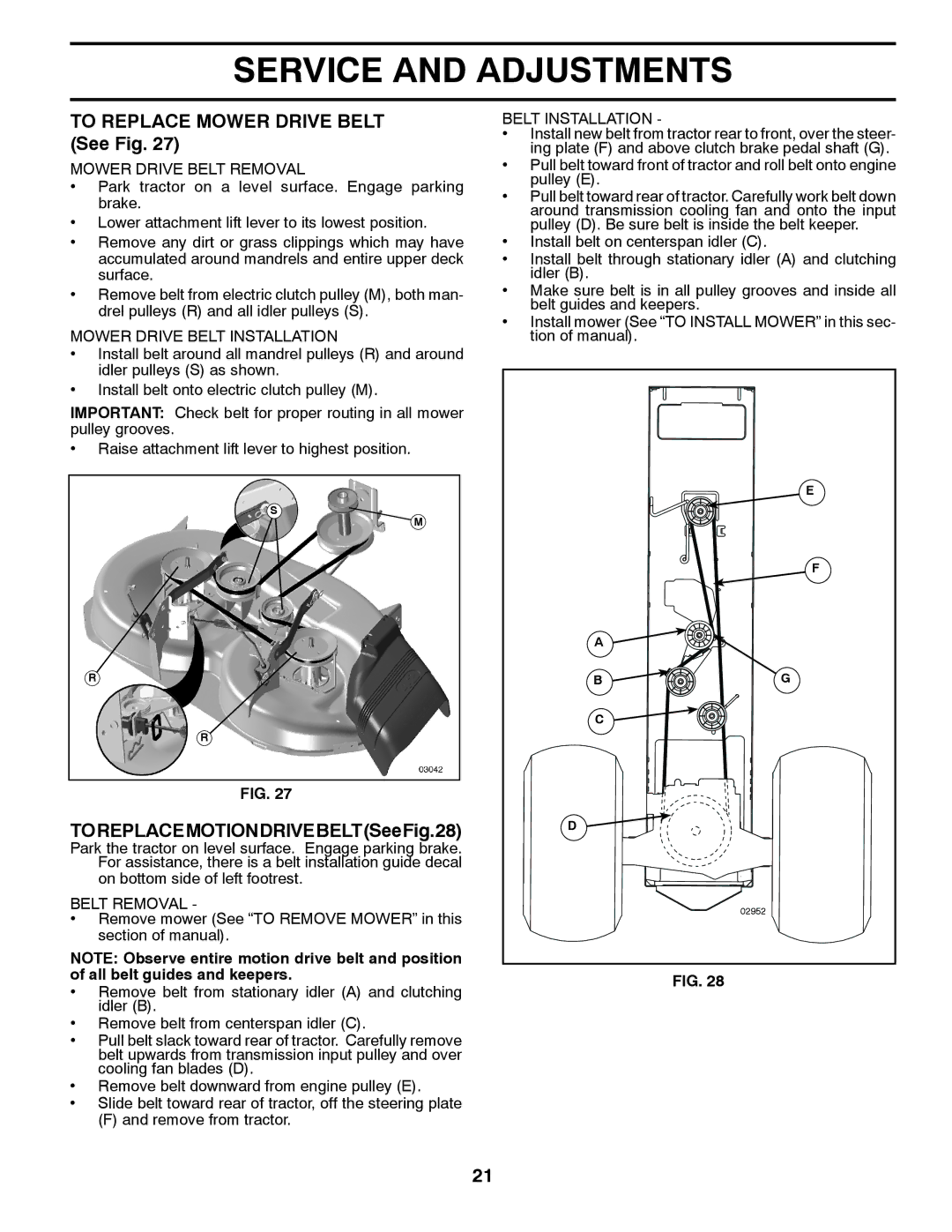 Husqvarna YTH20K46 owner manual To Replace Mower Drive Belt See Fig, TOREPLACEMOTIONDRIVEBELTSeeFig.28 